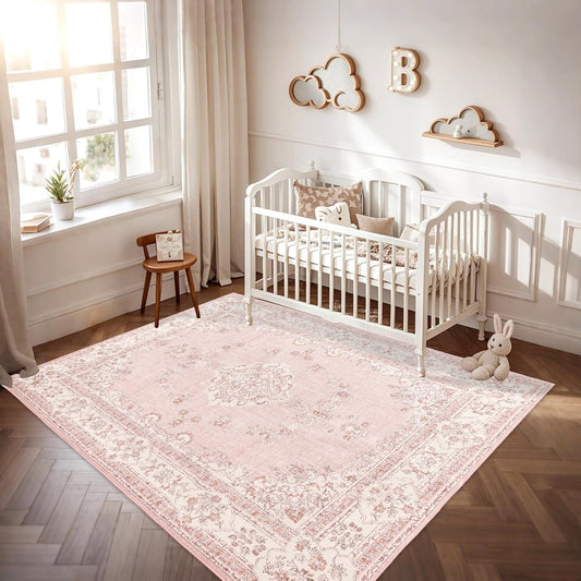 4x6 Area Rug Washable: Oriental Soft Area Rug for Living Room Bedroom No Shedding - Low Pile Thin Carpet Rug for Dining Room Non Slip - Boho Vintage Rug for Home Decor - Soft Pink