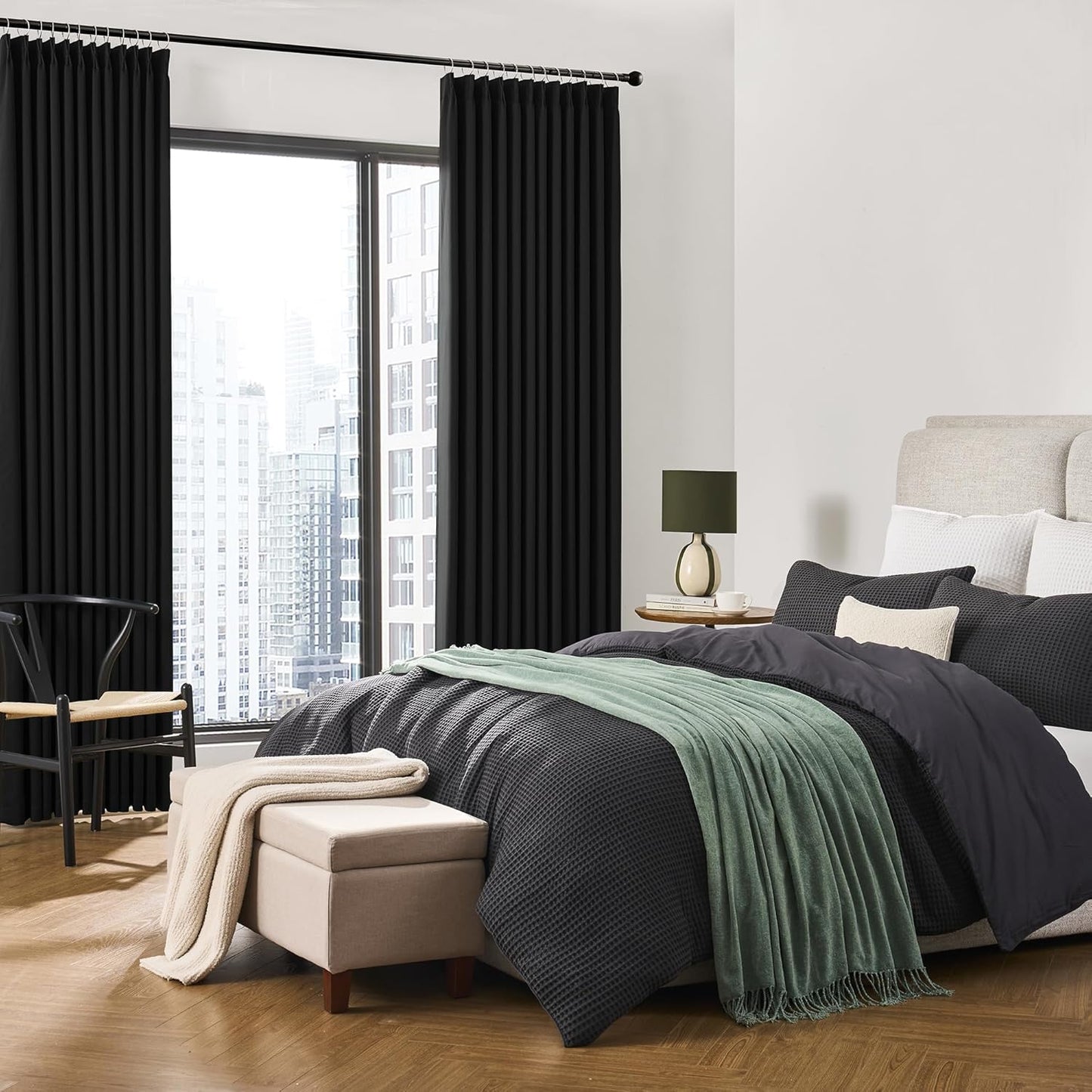 KEQIAOSUOCAI 72 Inch Wide Black Pinch Pleated Curtains 72 x 63, Thermal Insulated Noise Cancelling Living Room Office Drapes 63 Inches Long, Patio Sliding Glass Door Window Curtain 2 Panels