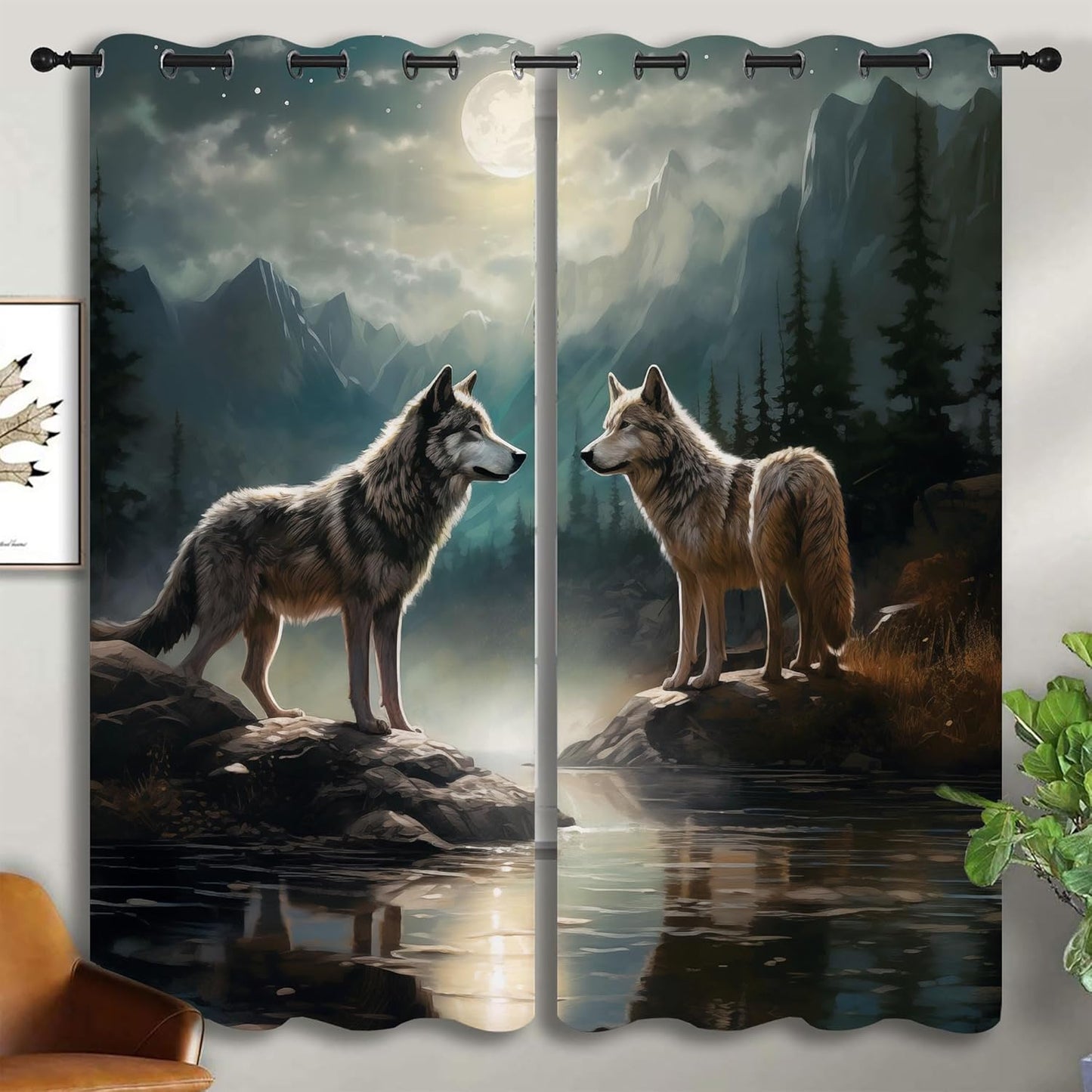 Wolf Blackout Curtains for Boys Girl Bedroom Decor,Moon Mountain Pine Forest Wild Animals Thermal Insulated Grommet Drapes Darkening Window Curtain for Living Room Home 72x63 inch
