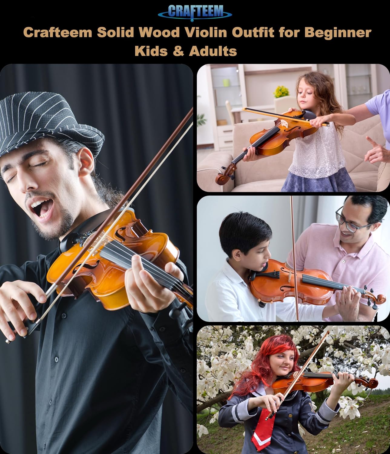Spruce and Maple Solid Wood Violin Outfit for Beginner Kids & Adults -Craft Your Perfect Sound and Begin Your Musical Journey with Confidence. (Glossy Antique, 1/2)