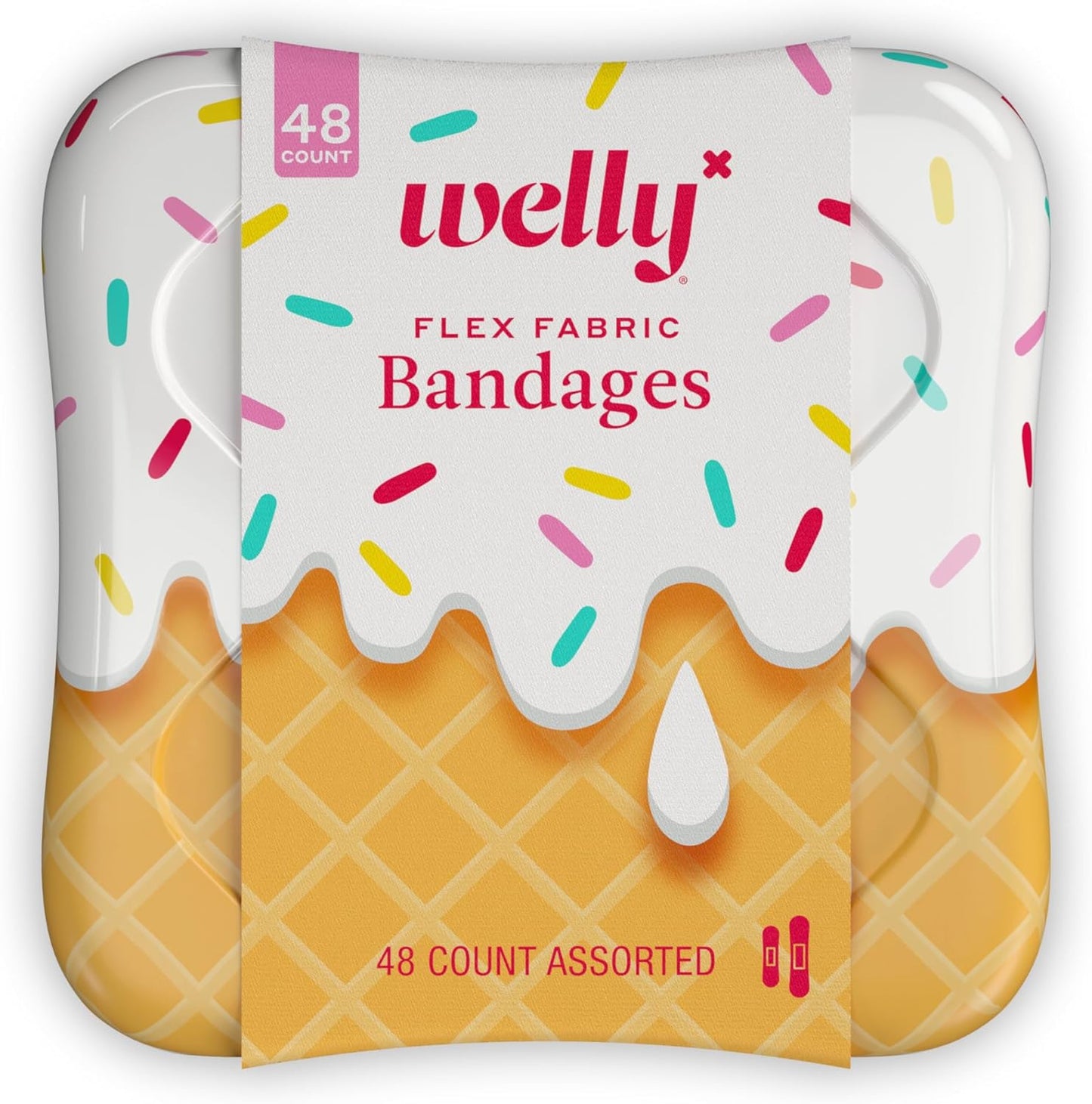 Welly Bandages | Adhesive Flexible Fabric Bravery Badges | Assorted Shapes for Minor Cuts, Scrapes, and Wounds | Colorful and Fun First Aid Tin | Ice Cream Patterns - 48 Count