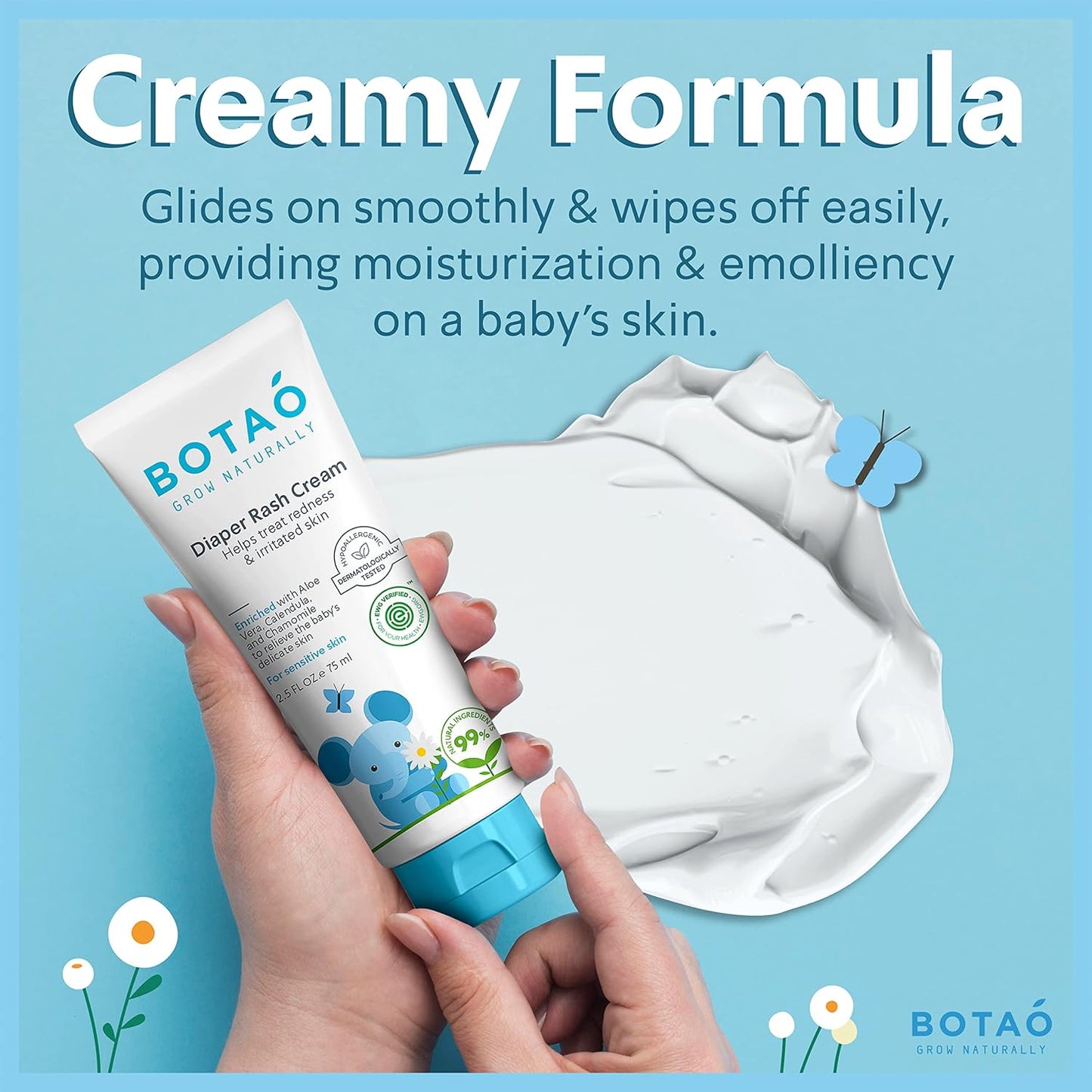Baby's Natural Diaper Cream | Organic Diaper Cream EWG Verified | Naturally Soothes Baby Rashes | Baby zinc Ointment Natural | For Sensitive Skin with Aloe Vera & Calendula, 2.5Oz (2 Pack)