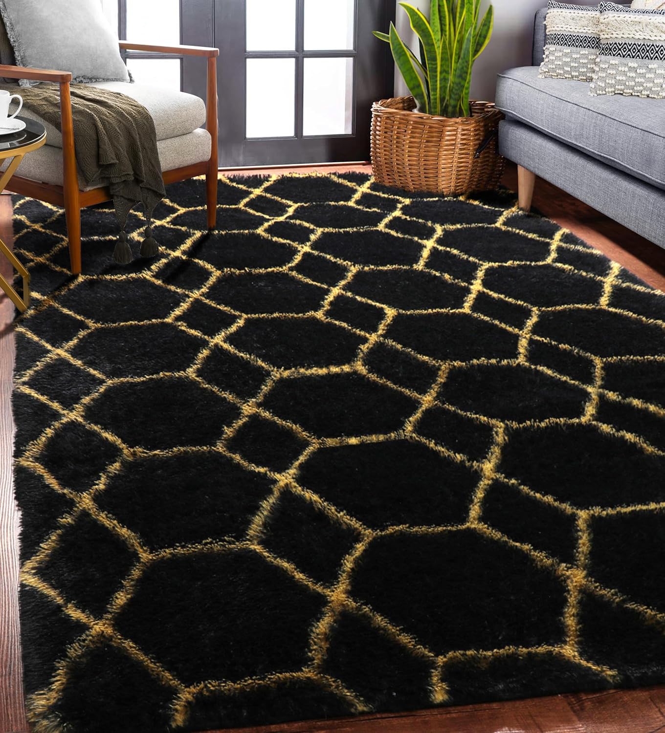 ONASAR 5x7 Area Rugs for Living Room Bedroom, Washable Fluffy Black and Gold Faux Fur Rug, Geometric Boho Soft Plush Shaggy Floor Carpet Mat for Nursery Kids Girls Boys Teen Dorm Home Office Decor