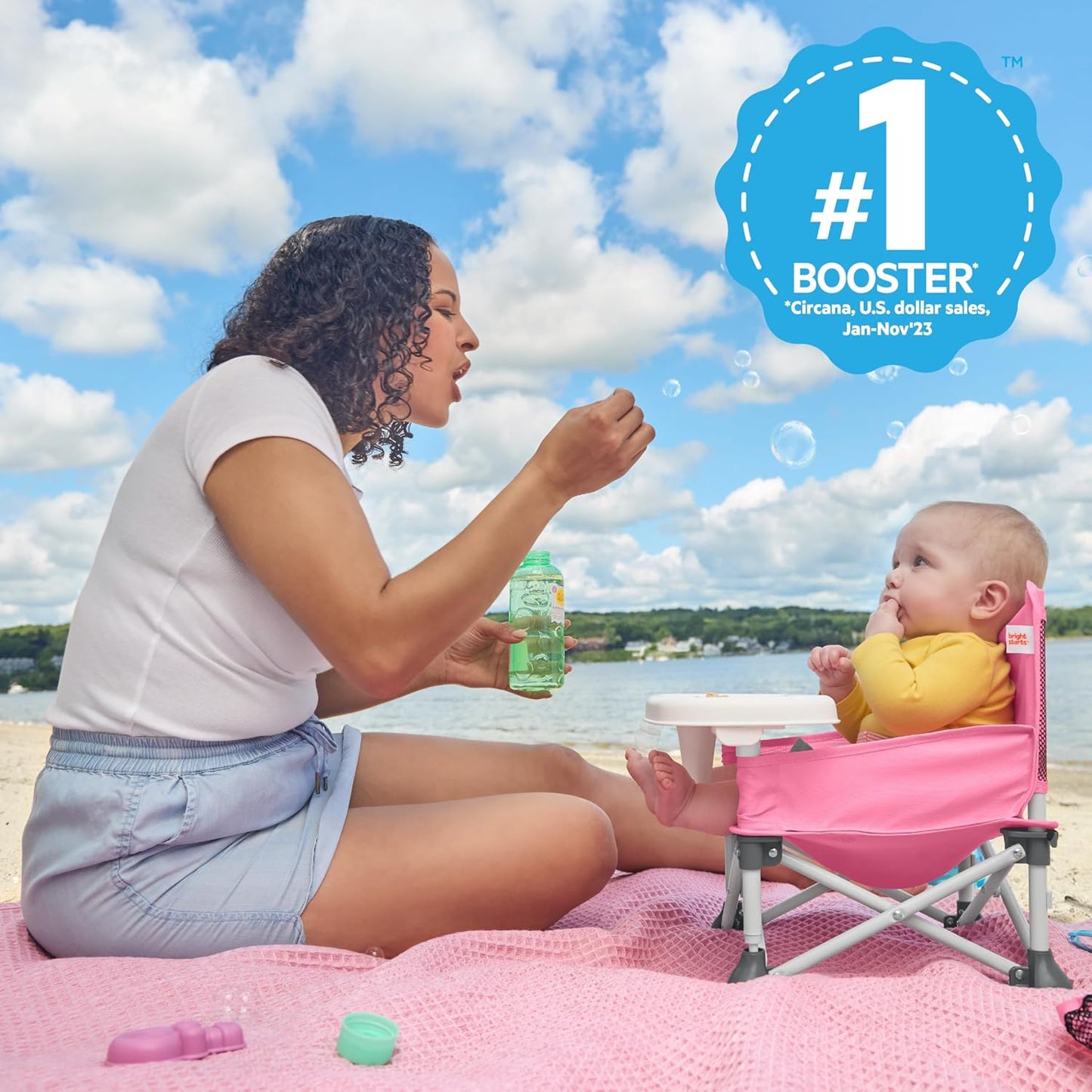 Bright Starts Pop 'N Sit Portable Booster, Indoor/Outdoor Use, Floor Seat with Feeding Tray, Pink, 6 Mos - 3 Yrs