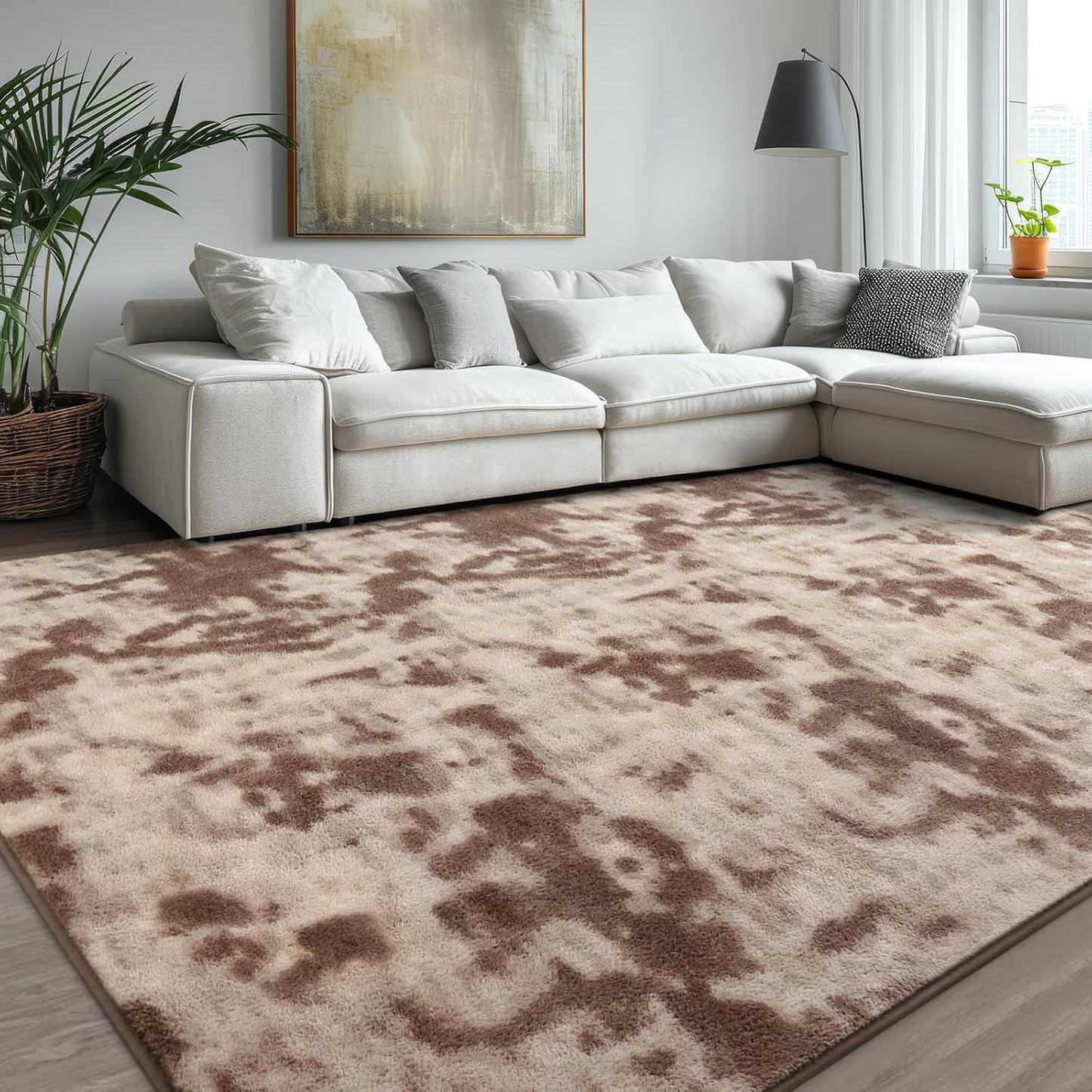 Kimicole 6x9 Washable Area Rugs for Living Room Bedroom, Large Low Pile Ulta-Thin Solid Color Rug, Non-Slip Soft Fluffy Carpet for Nursery Kids Room Dorm Room Home Decor (Brown)