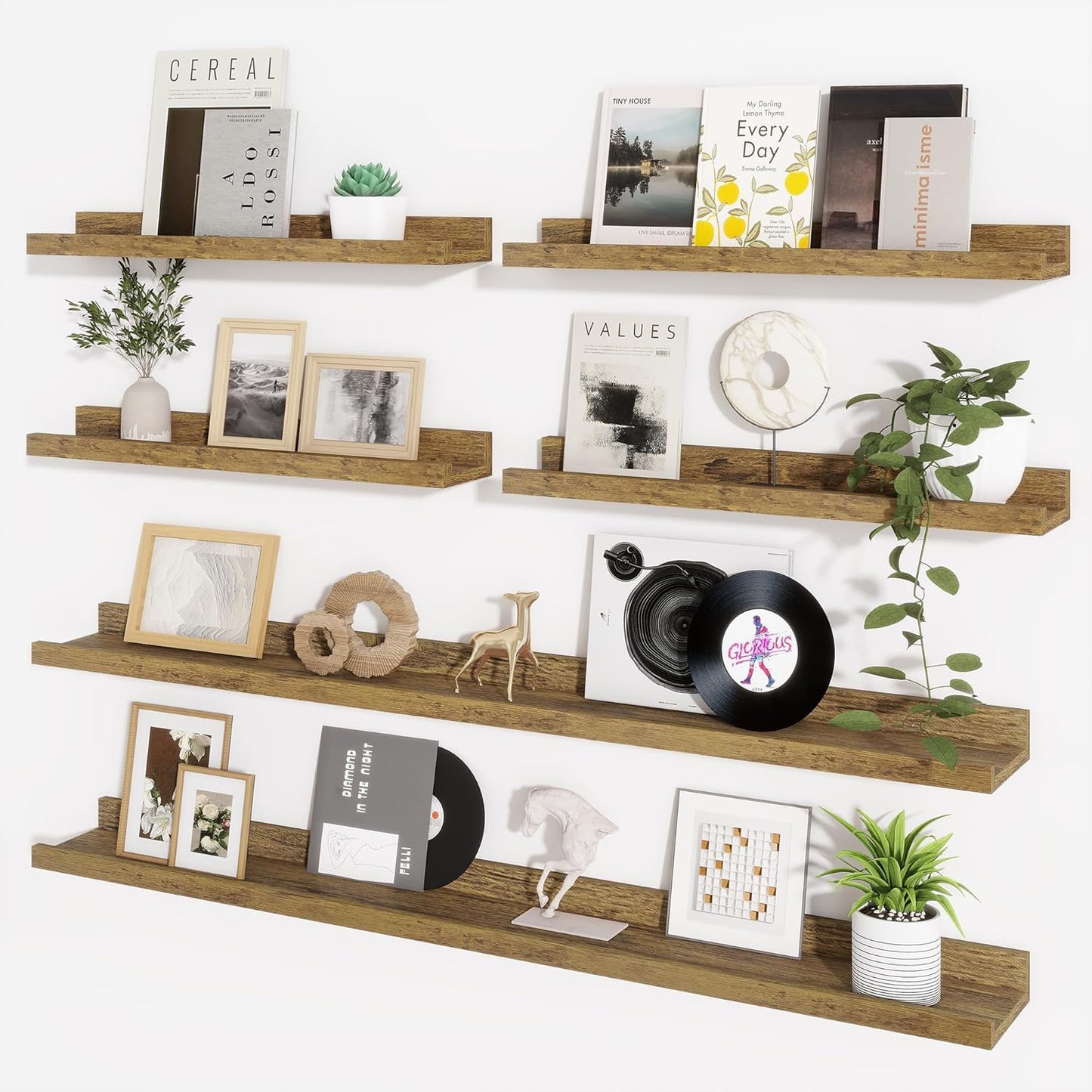 Axeman Picture Ledge Shelf, Floating Shelves for Wall Storage Set of 6, 48 inch Floating Wall Mounted Shelves, Wall Shelves with Lip for Living Room, Bedroom, Nursery, Bathroom, Kitchen, Rustic Brown