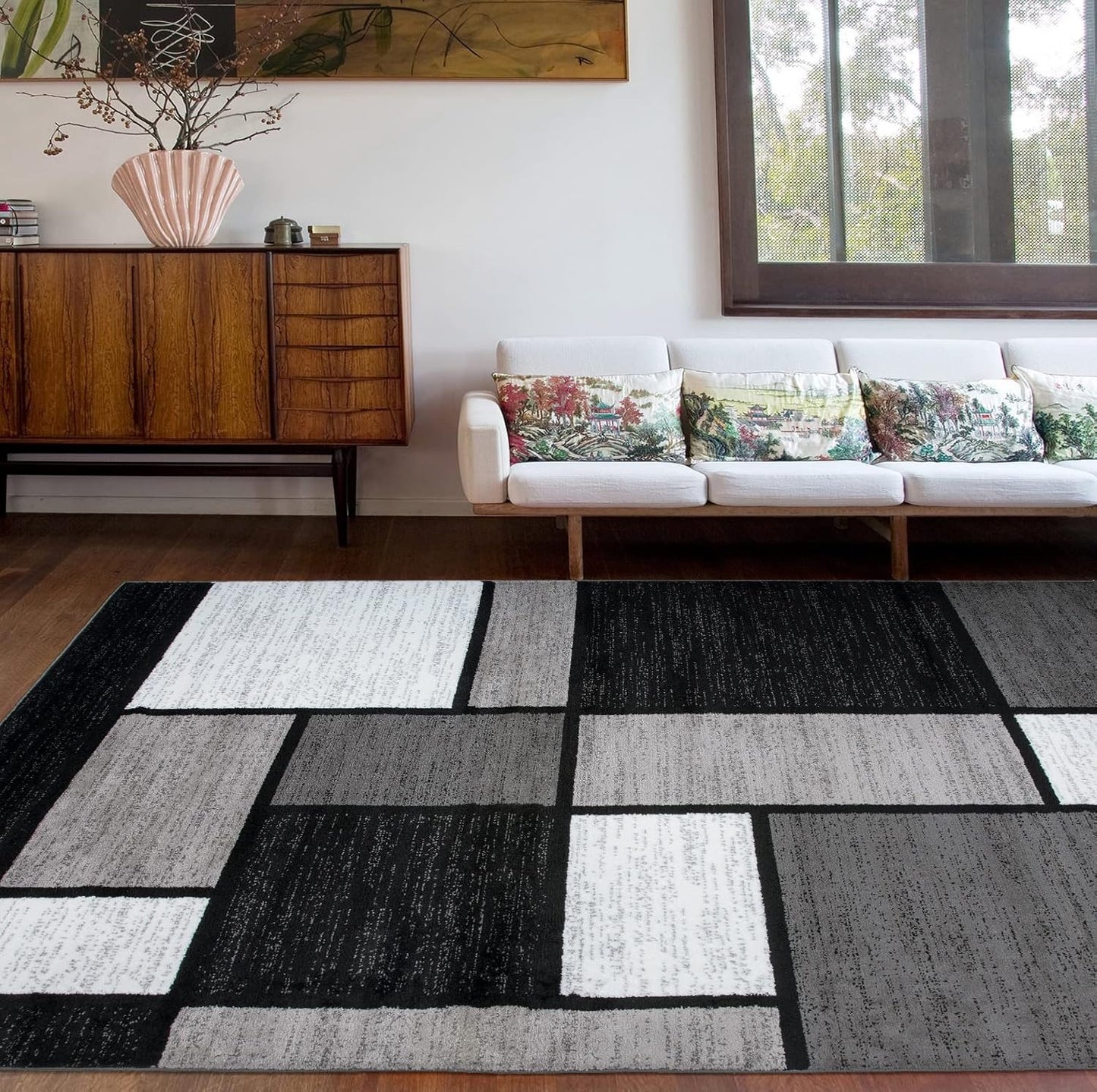 Rugshop Contemporary Modern Boxes Design Area Rug for Home Office,Living Room,Bedroom,Kitchen Non-Shedding Area Rug 5'3" x 7'3" Gray