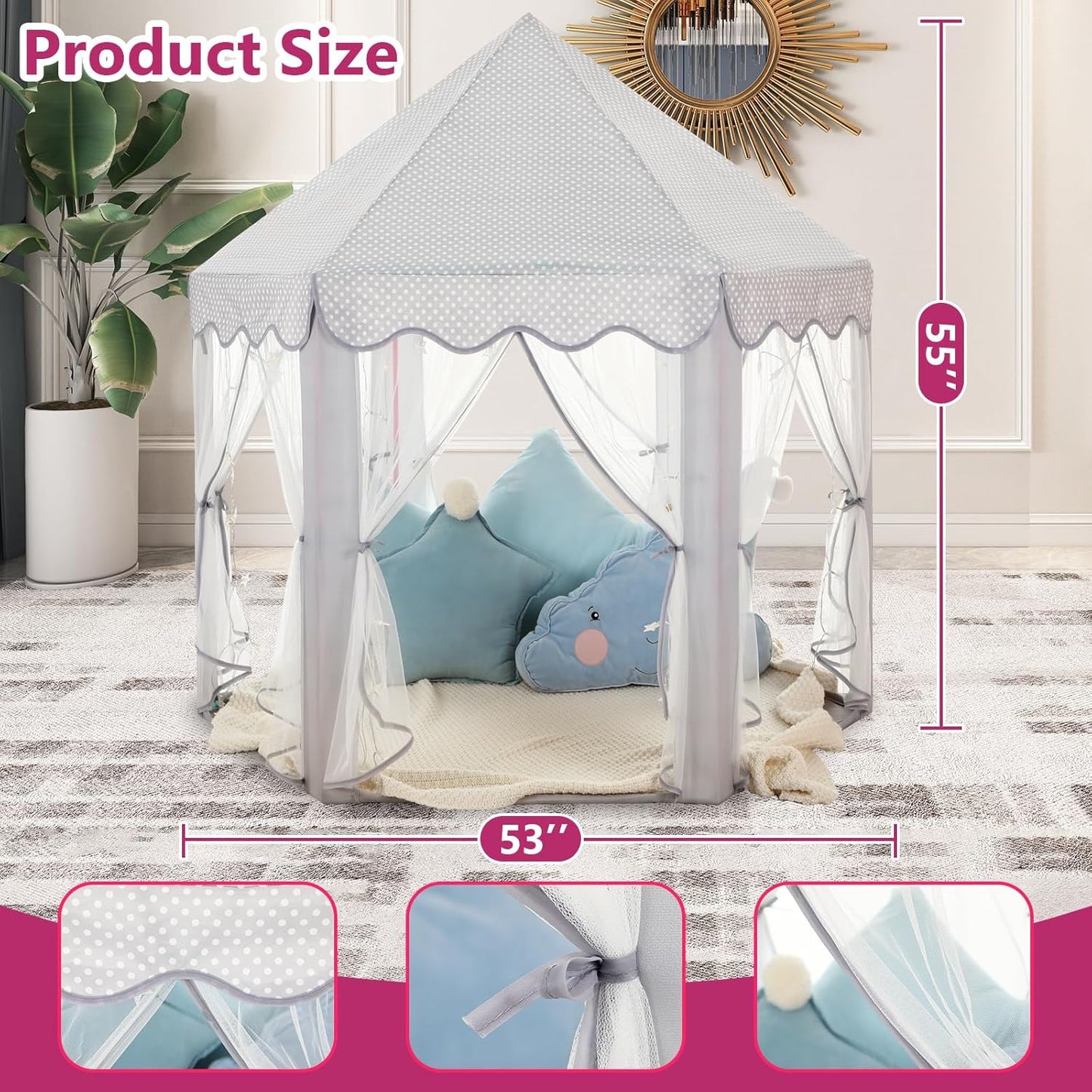 Monobeach Princess Tent Girls Large Playhouse Kids Castle Play Tent with Star Lights Gift Toy for Children Indoor and Outdoor Games, 55'' x 53'' (DxH) (Grey)