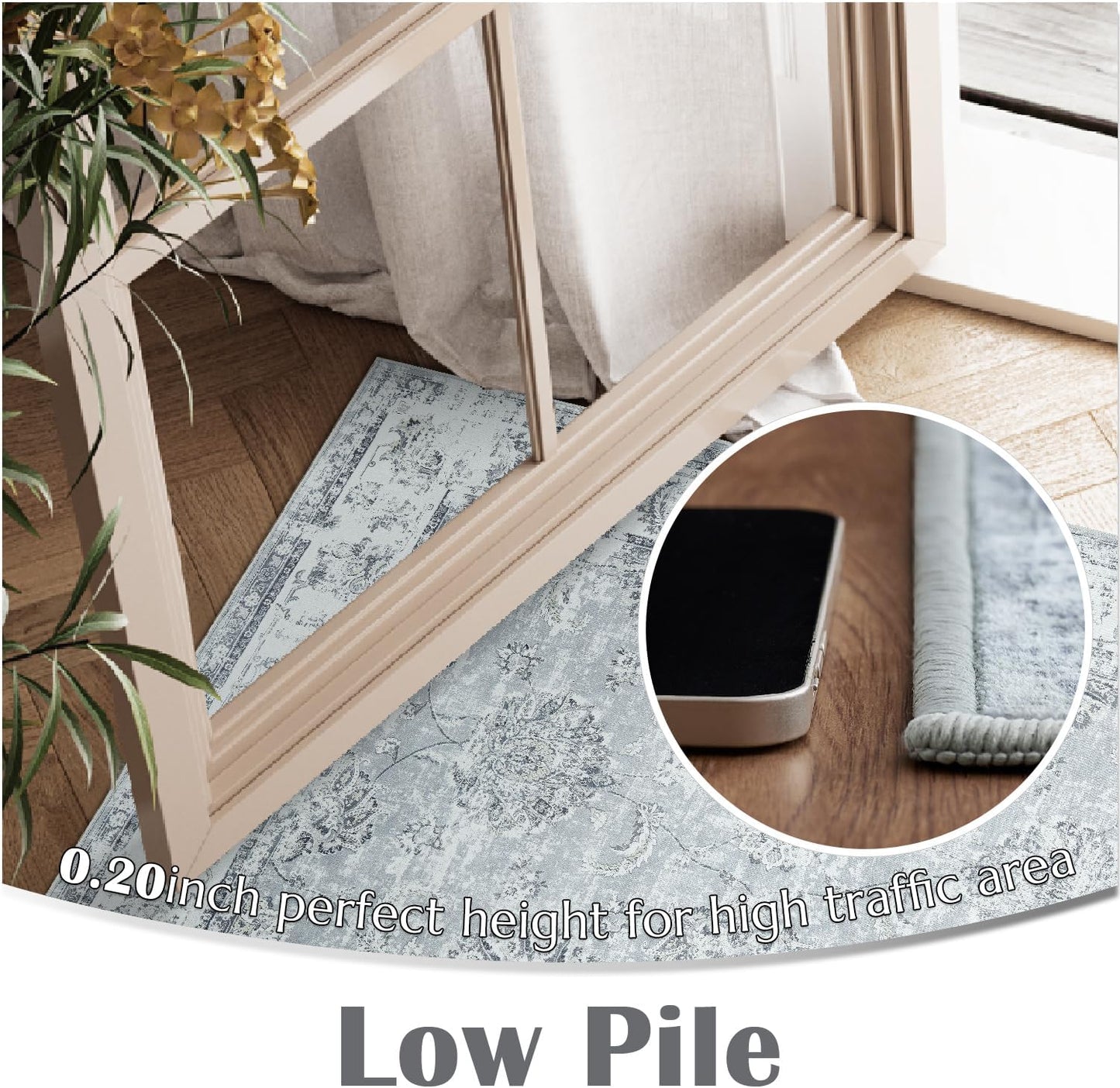 jinchan Hallway Runner Rug 3x8 Washable Runner - Vintage Floral Non Slip Low-Pile Soft Thin Faux Wool Kitchen Rug Distressed Carpet for Farmhouse Bedroom Laundry Room(3x8ft,Grey)