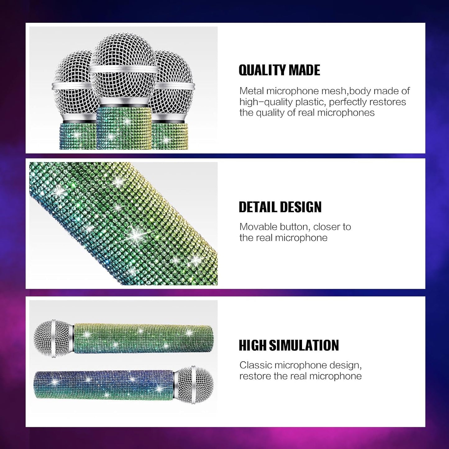 Sanwuta Fake Microphone Prop Sparkly Bling Rhinestones Plastic Play Microphone Pretend Glitter Bedazzled Mic for Cosplay Party Costume(Gradient)