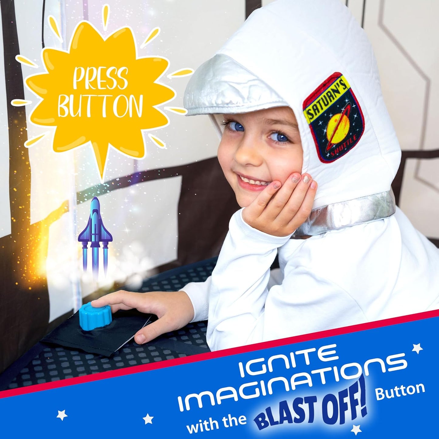 W&O Space Shuttle Explorer Tent with Blast-Off Button, LED Lights & 3 Space Toys – Rocket Ship Play Tent for Kids Ages 3-5