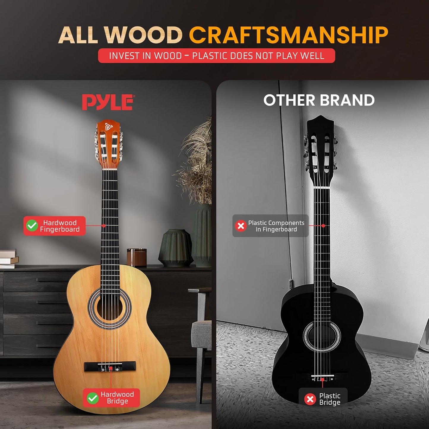 Pyle Beginner Acoustic Guitar Kit, 1/2 Junior Size All Wood Build Nylon String Instrument with Capo, Strap, Extra String Set, Gig Bag, Guitars for Beginners Adults Youth, 34" Natural Gloss