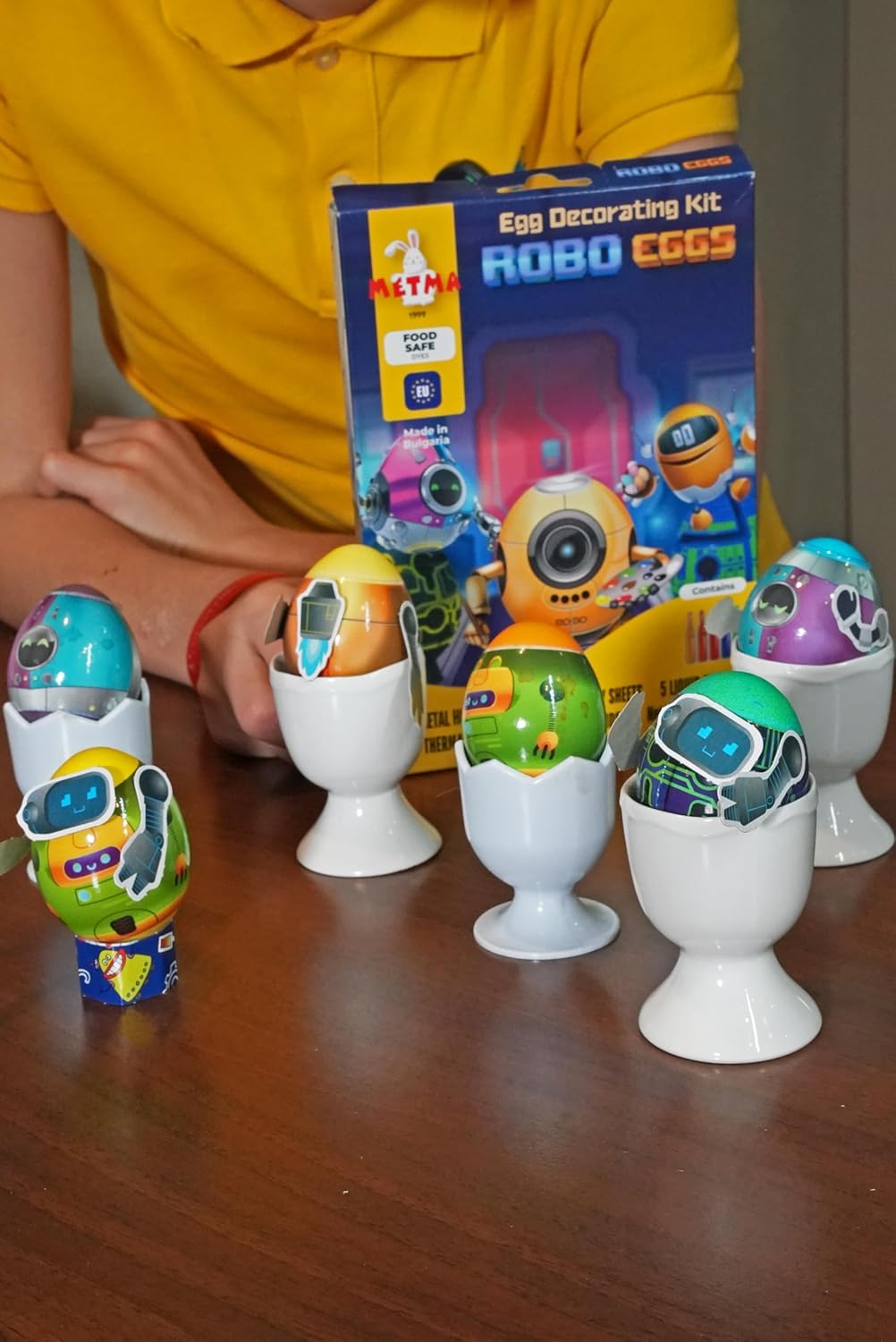 METMA 1999 Egg Decorating Kit ROBO - Complete Decorative Eggs Set with Liquid Dyes, Stickers, Egg Spinner, and More - Fun Easter Egg Dye Kit Arts and Crafts for Kids(ROBO Eggs)