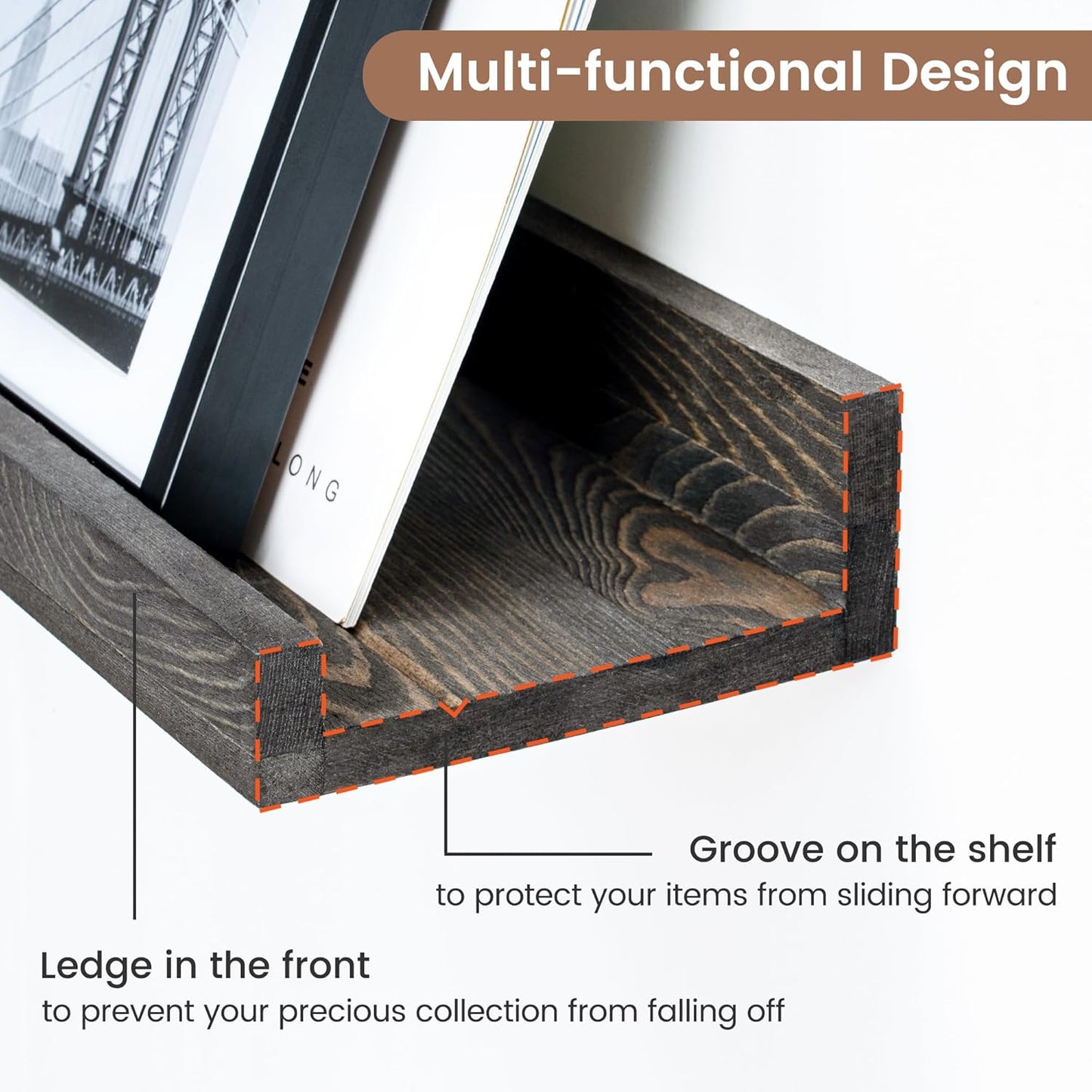 Picture Ledge Wall Shelves 16 inches Width Set of 3, Solid Pine Wood Rustic Floating Ledge Shelves for Wall for Kids' Room Bedroom Kitchen Bathroom Living Room Nursery Display Decor, Grey