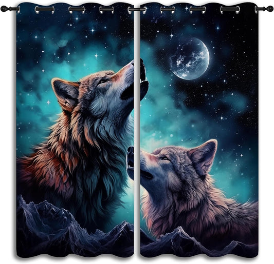 Wolf Blackout Curtains for Boys Girl Bedroom Decor,Starry Sky Howling Wolf Under The Full Moon Thermal Insulated Grommet Drapes Darkening Window Curtain for Living Room Home 42x45 inch