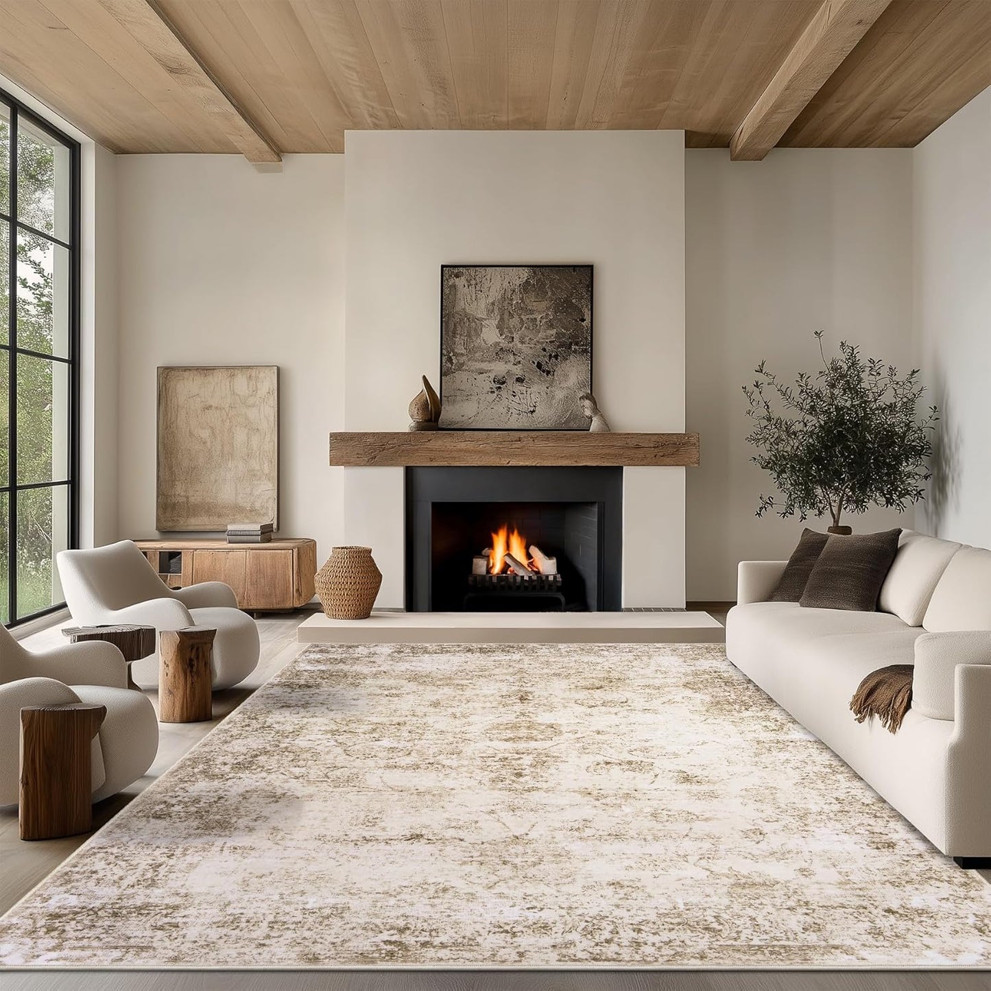5x7 Area Rug Living Room Rugs - Washable Rug Large Modern Abstract Soft Thin Carpets Indoor Floor No Slip Vintage Carpet for Bedroom Under Dining Table Nursery Home Office Decor Beige