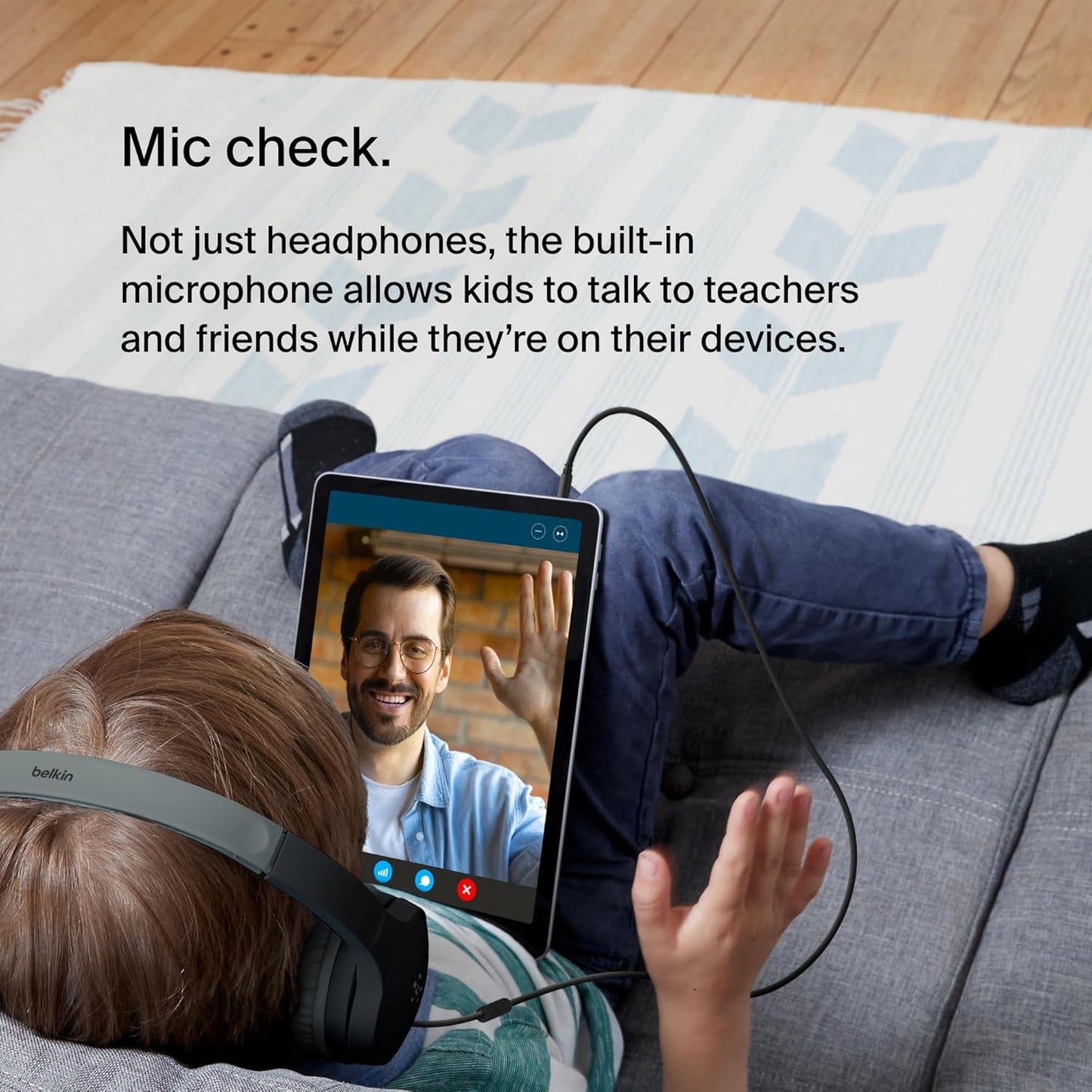 Belkin SoundForm Mini Kids Wired Headphones with Built-in Microphone & Fun Stickers, 85dB Safe Volume Limit – for Online Learning, Travel, Compatible w/iPhone 15, iPad, Galaxy S23, & More - Blue