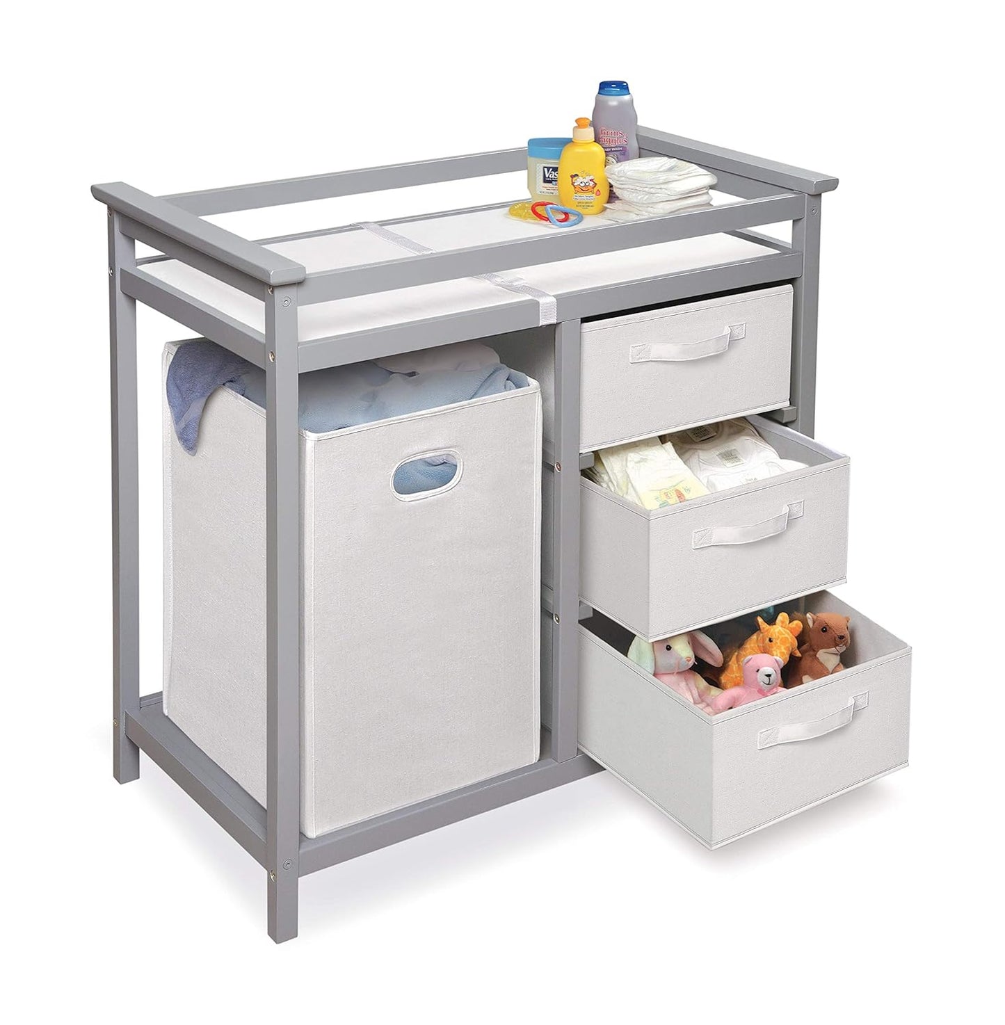 Badger Basket Modern Baby Changing Table - Nursery Furniture with Laundry Hamper and 3 Storage Drawers - Diaper Changing Station with Safety Belt, Changing Pad, Organizer Baskets - Cool Gray and White