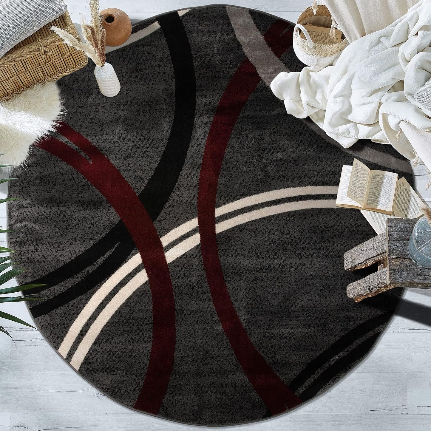 Rugshop Modern Wavy Circles Design Round Area Rug 8' Red