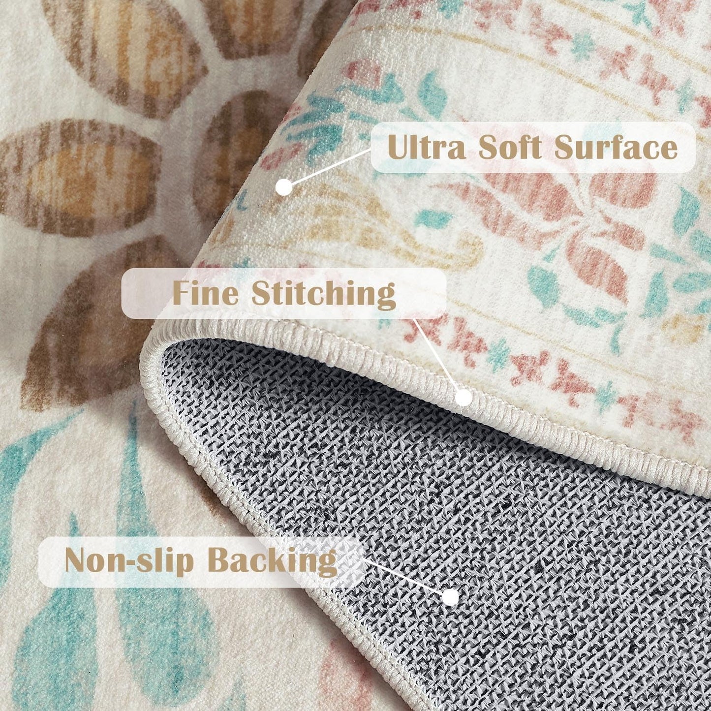 jinchan Floral 5x7 Area Rugs for Nursery - Machine Washable Vintage Distressed Design Soft Ultra-Thin Low-Pile Non-Slip Kids Carpet for Bedroom Living Room Dining Room Home Office (5x7ft,Apricot)