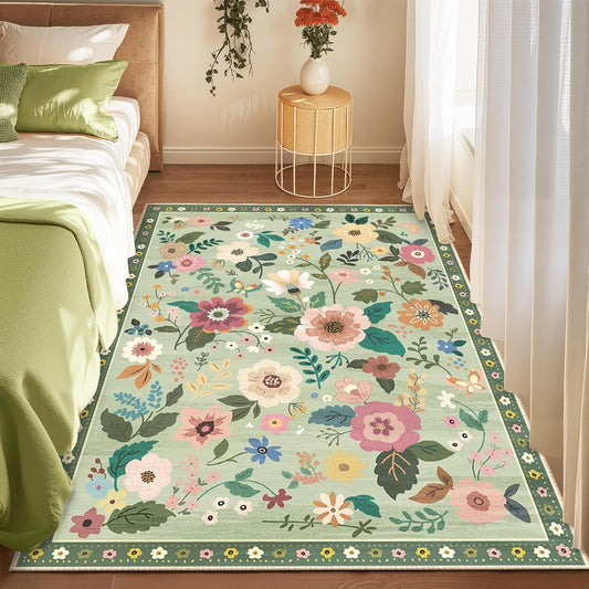 Floral 3x5 Area Rug Machine Washable Soft Print Boho Carpet Non Slip Doormat Low Pile Flower Area Rugs for Living Room Bedroom Nursery Kitchen Dining Room Indoor-Light Green