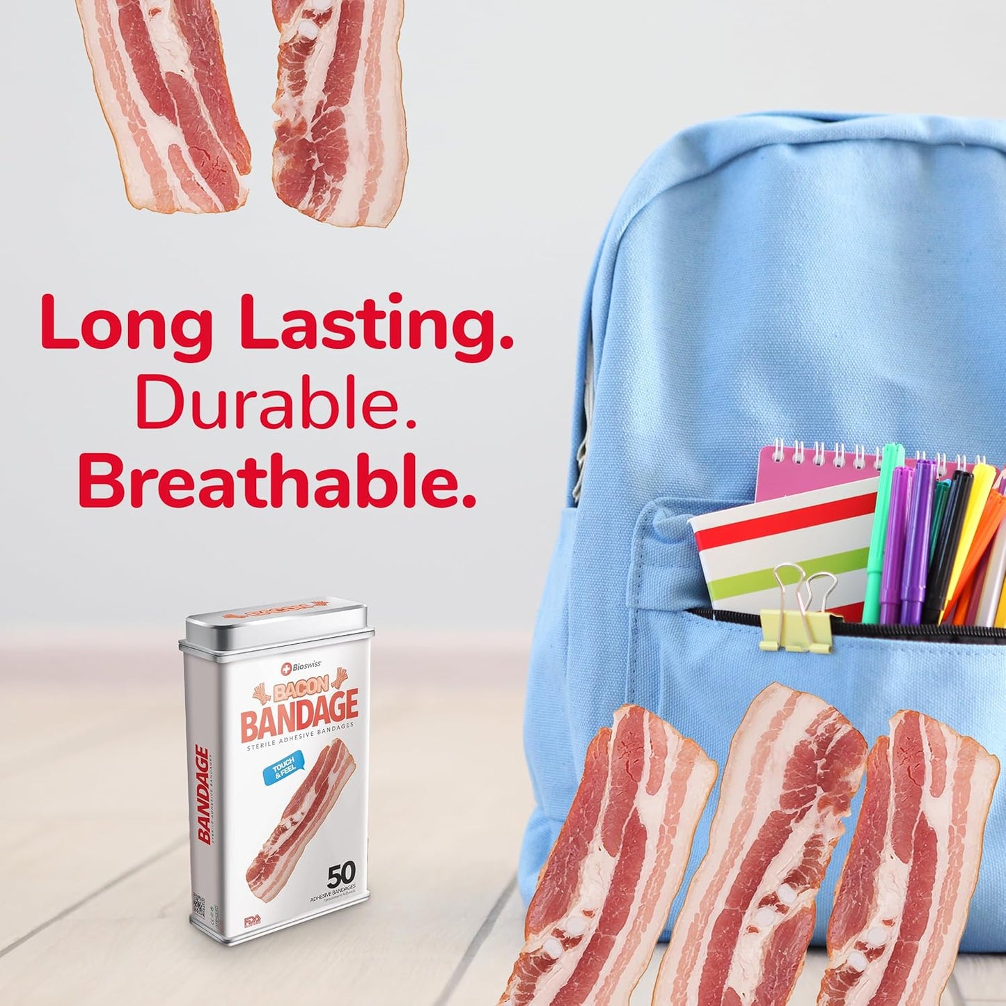 BioSwiss Bandages, Bacon Shaped Self Adhesive Bandage, Latex Free Sterile Wound Care, Fun First Aid Kit Supplies for Kids, 50 Count