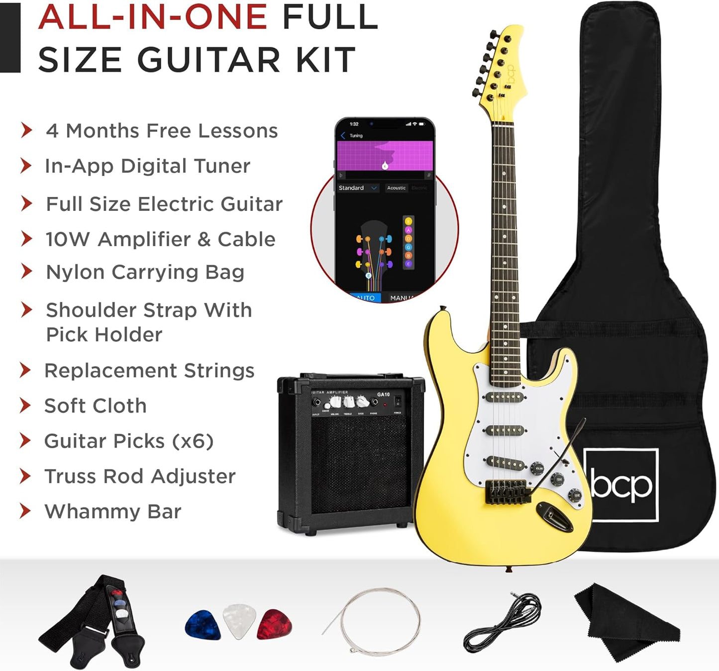 Best Choice Products 39in Full Size Beginner Electric Guitar Starter Kit w/Case, Strap, 10W Amp, Strings, Pick, Tremolo Bar - Yellow