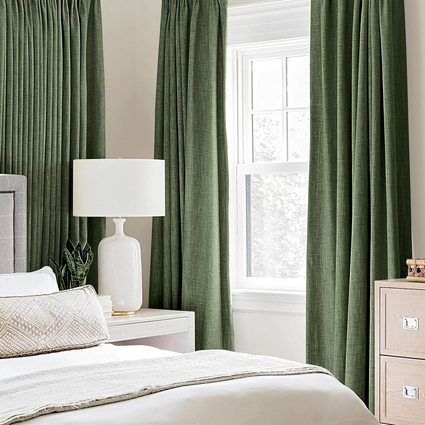 MIULEE 100% Blackout Linen Textured Curtains for Bedroom Solid Thermal Insulated Olive Green Grommet Room Darkening Curtains & Drapes Luxury Decor for Living Room Nursery 42 x 90 Inch (2 Panels)