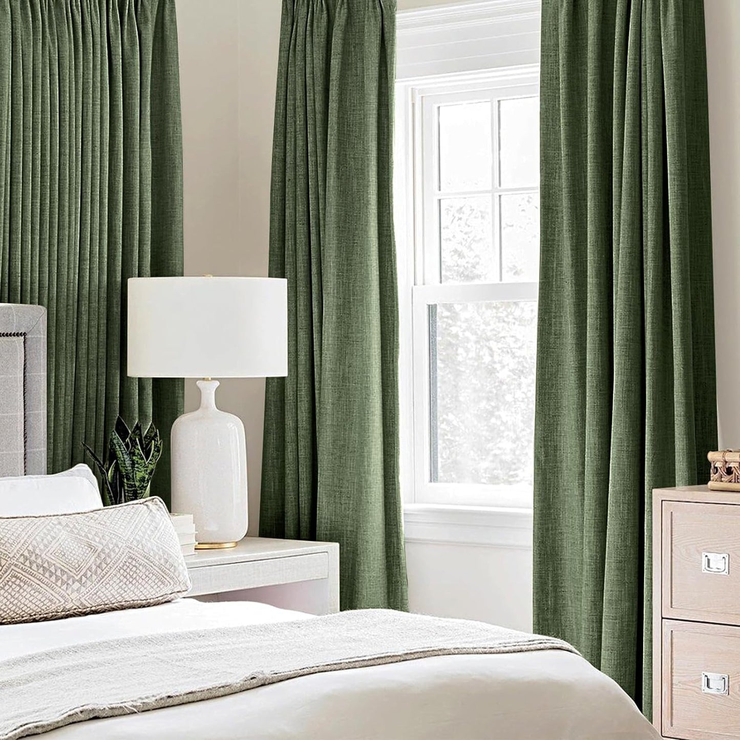MIULEE 100% Blackout Linen Textured Curtains for Bedroom Solid Thermal Insulated Olive Green Grommet Room Darkening Curtains & Drapes Luxury Decor for Living Room Nursery 42 x 63 Inch (2 Panels)