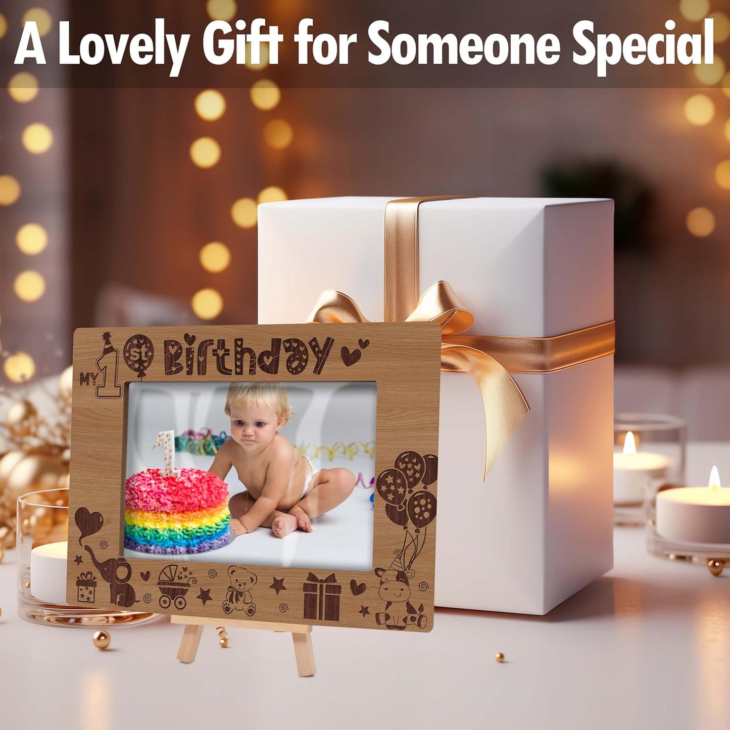 My 1st Birthday Picture Frames, Natural Wooden 4x6 Photo Frame with Easel, Baby First Year Birthday Gifts for Home Office Tabletop Display - G10