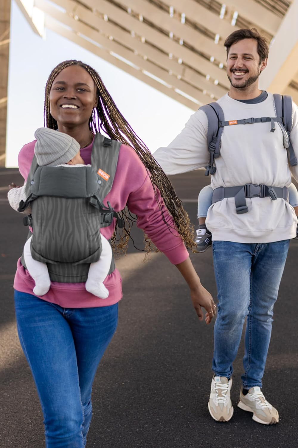 Beco Gemini Baby Carrier Newborn to Toddler - Front, Back and Hip Seat Carrier, Baby Carrier Backpack & Baby Front Carrier with Adjustable Seat, Ergonomic Baby Holder Carrier 7-35lbs (Dark Zebra)
