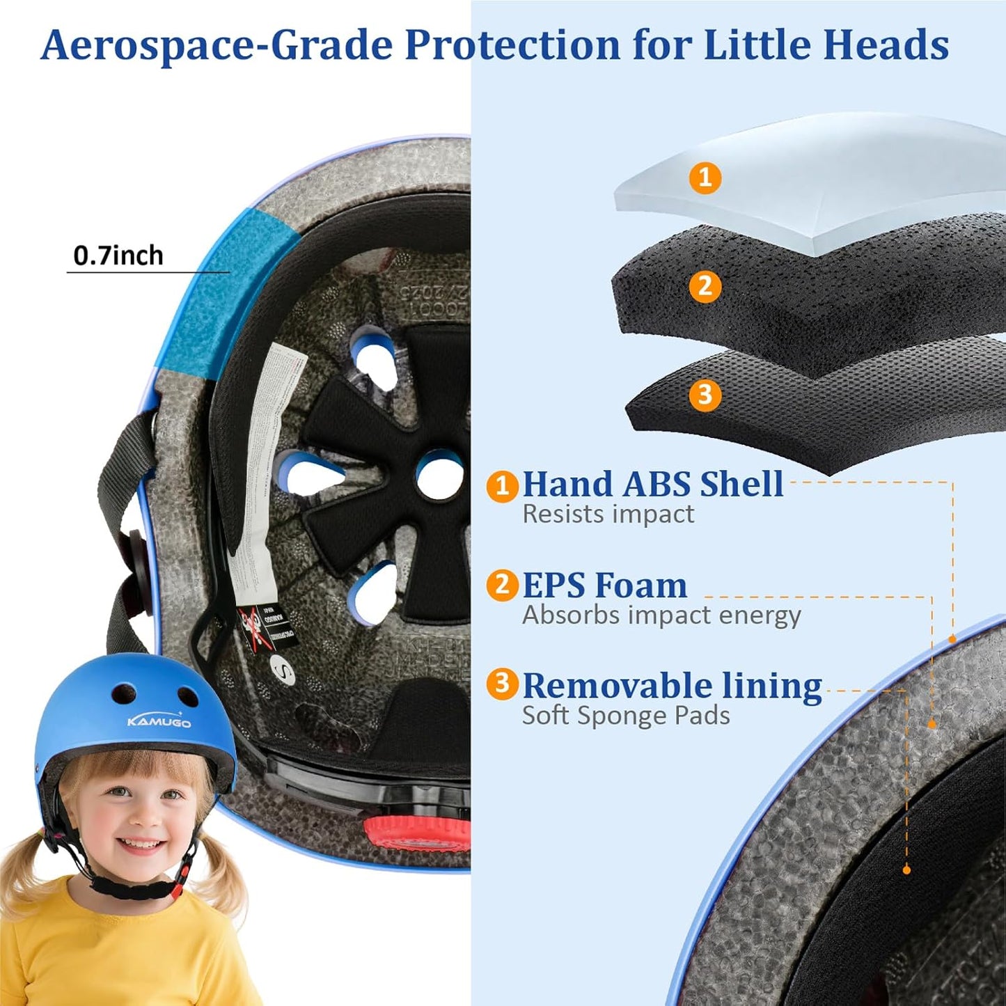 KAMUGO Kids Adjustable Helmet, with Sports Protective Gear Set Knee Elbow Wrist Pads for Toddler Age 2-8 Boys Girls, Bike Skateboard Hoverboard Scooter Rollerblading Helmet Set