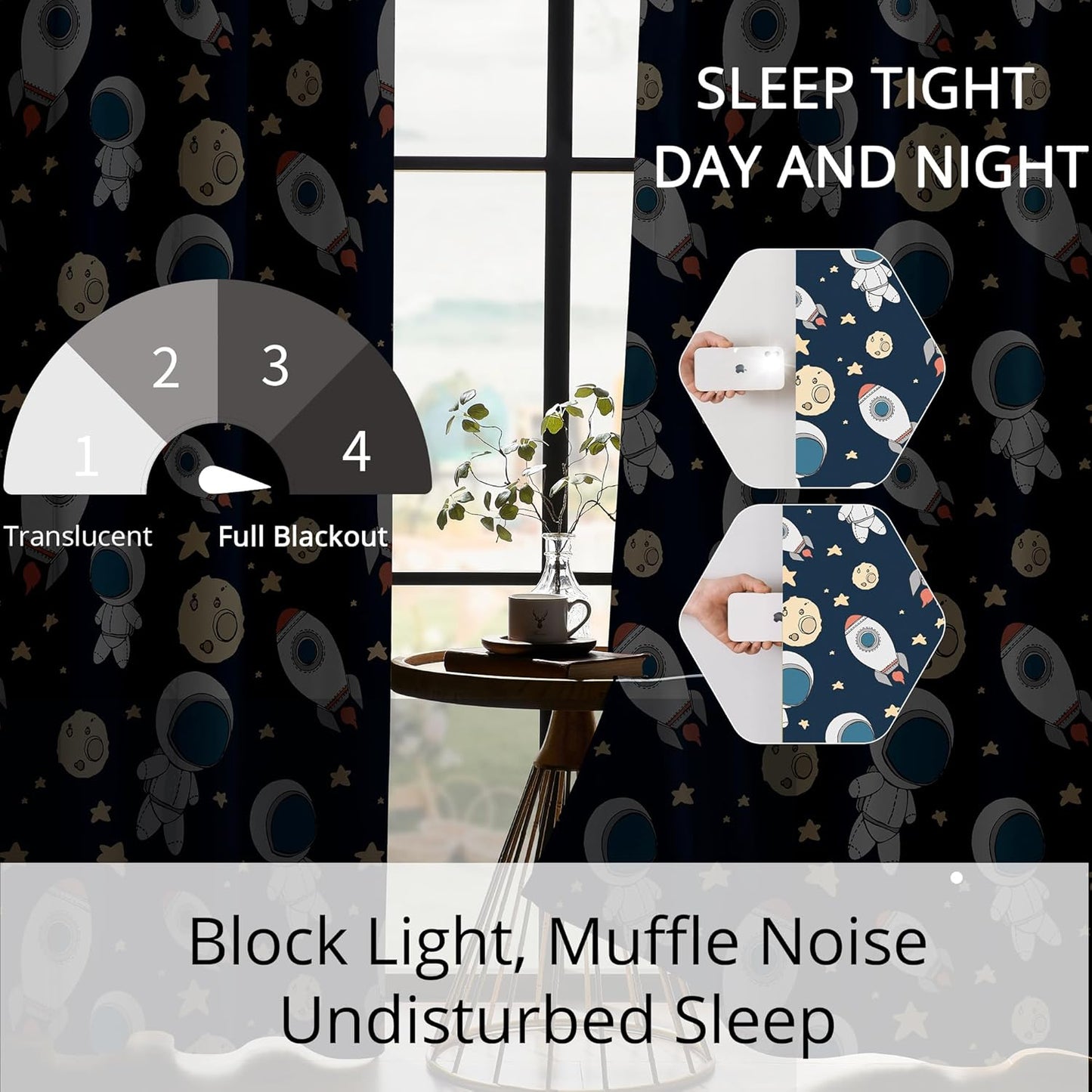 Kids Space Astronaut Planets Rockets Blackout Curtains - 100% Blackout, Thermal Insulated, Noise Reducing, for Kids Room and Nursery, 2 Panels (Astro Buddy Rockets, W52×L84)