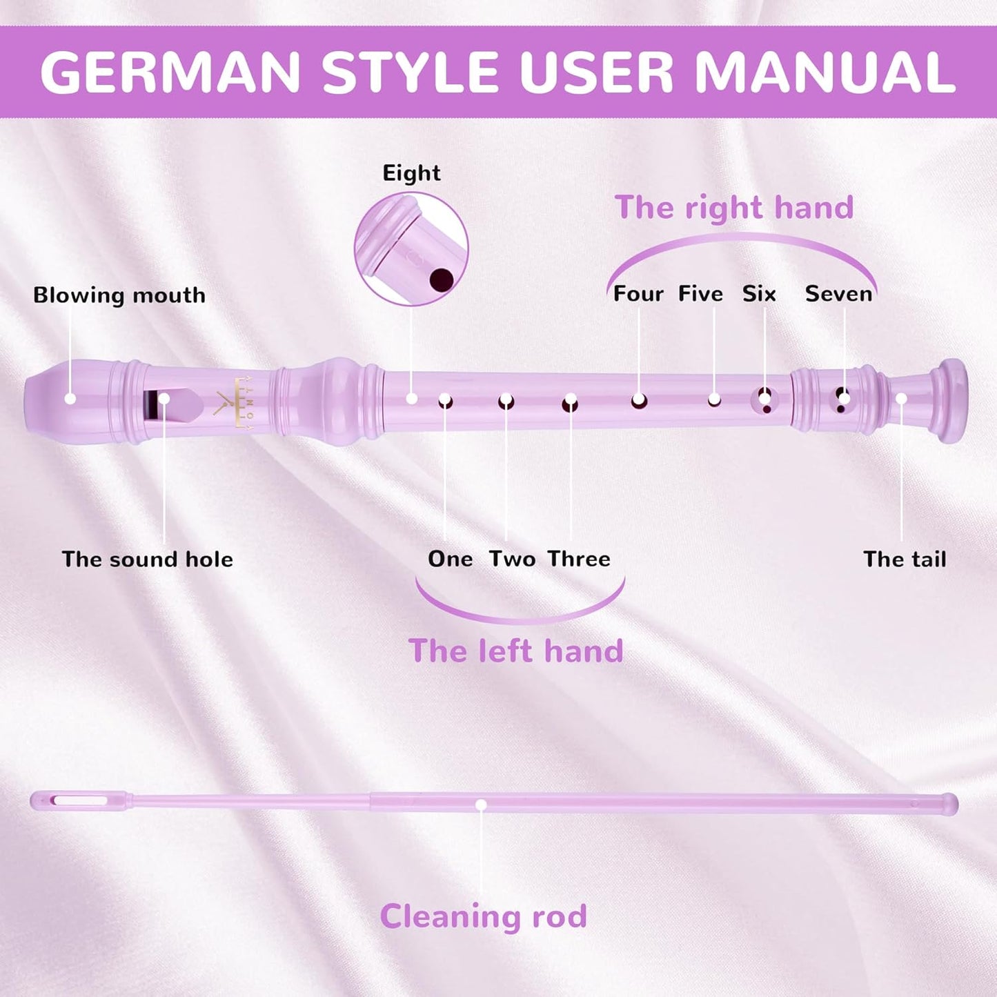 Soprano Recorder 8-Hole Instrument for Beginners Kids Students, German Style C Key Flute with Cleaning Rod & acking Bag for Education & Entertainment - Pink