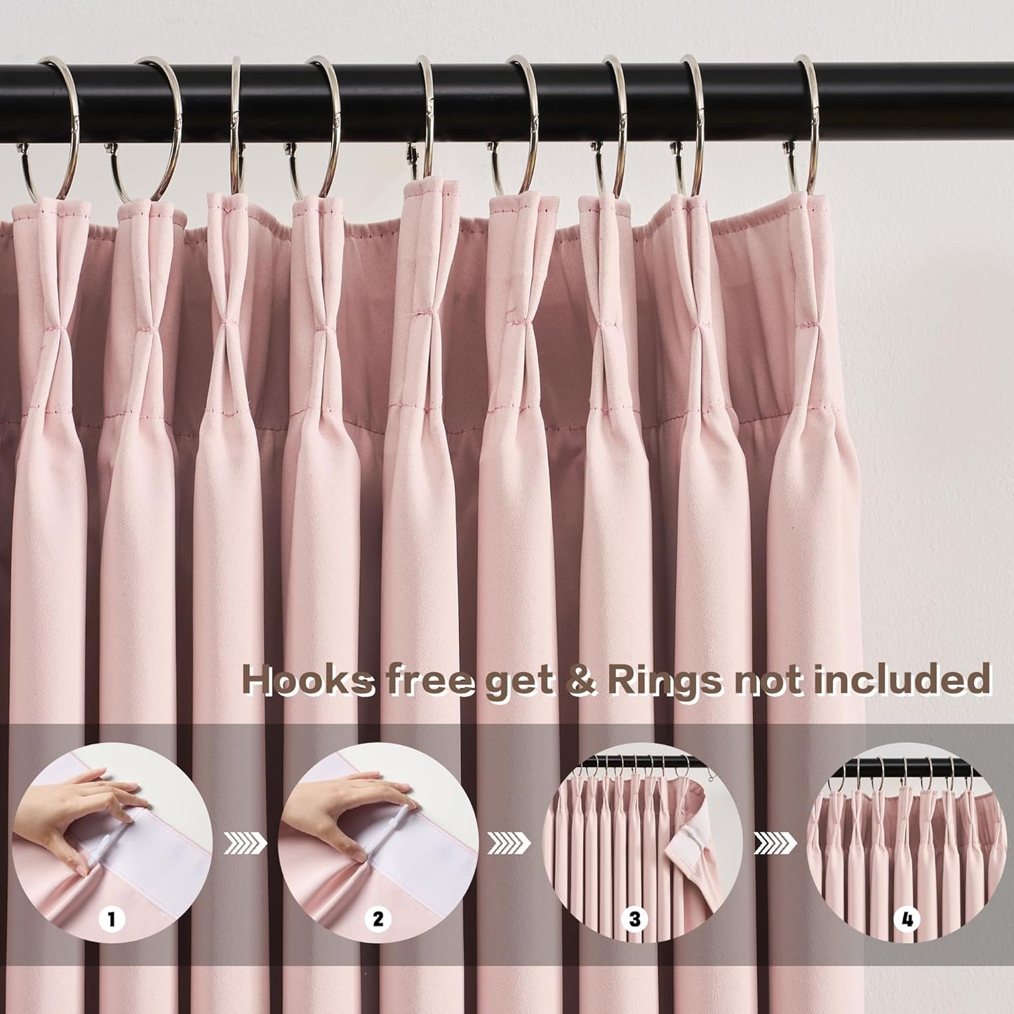 KEQIAOSUOCAI Blackout Curtain Drapes Pleated with Hooks,Thermal Insulated Darkening Solid Sound Reducing Drapes Light Blinds Window Treatment for Bedroom Living Room(Baby Pink, 2 Panels, W40 x L102)