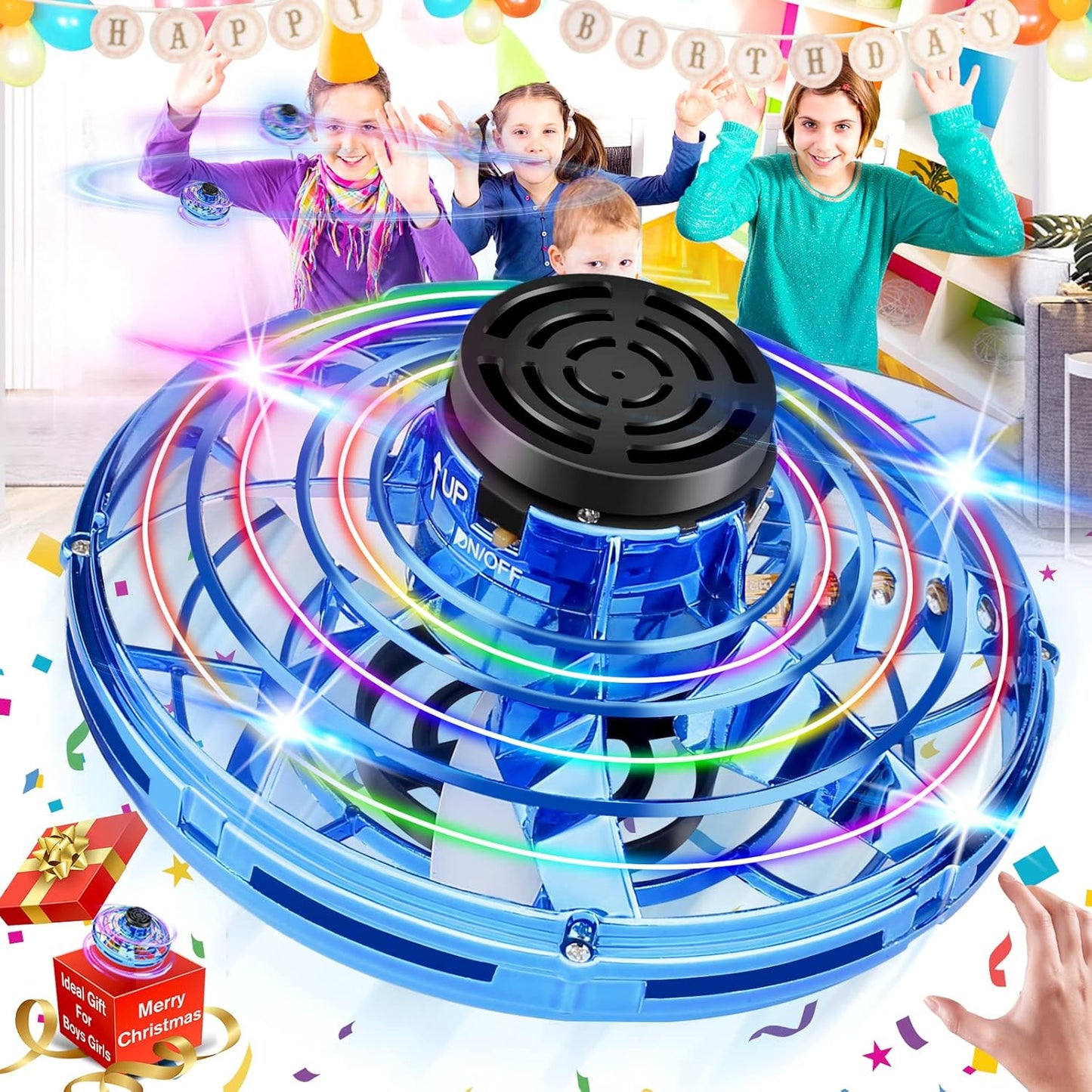 Hand Operated Mini Drone for Kids - LED UFO Flying Orb Ball, Rechargeable Mini Fidget Spinner Toy for Indoor Outdoor,Christmas Birthday Party Gifts for Girls Boys (Blue)