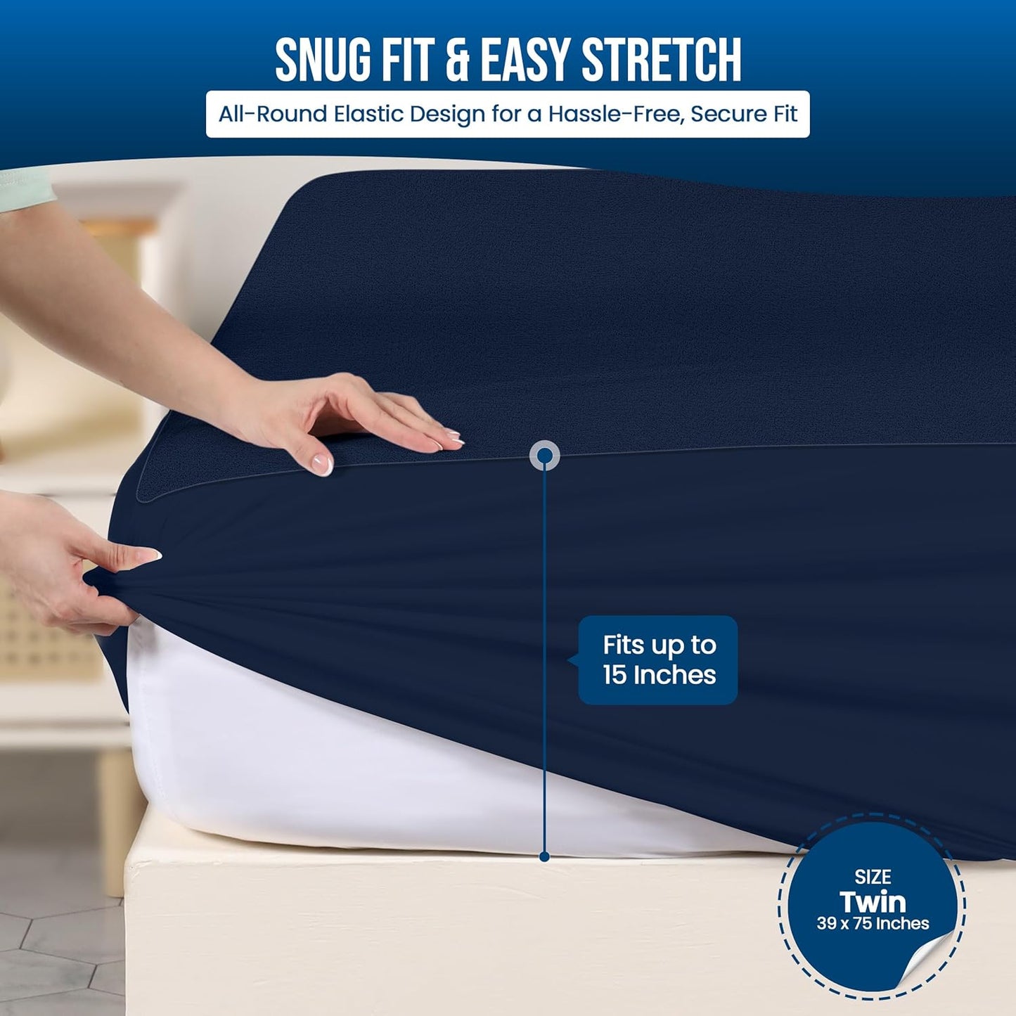 Utopia Bedding Waterproof Mattress Protector Twin Size, Premium Terry Mattress Cover 200 GSM, Breathable, Fitted Style with Stretchable Pockets (Navy)