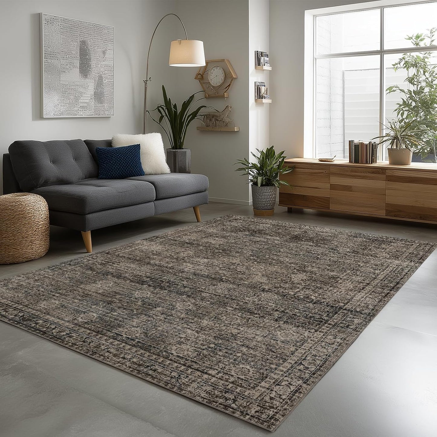 Washable Area Rugs 8x10, Large Rugs for Living Room, Carpet for Bedroom, Soft Faux Wool Retro Dining Room Rug, Non-Slip Backing Resistant Low Pile Vintage Print Rug for Home Office (Brown)