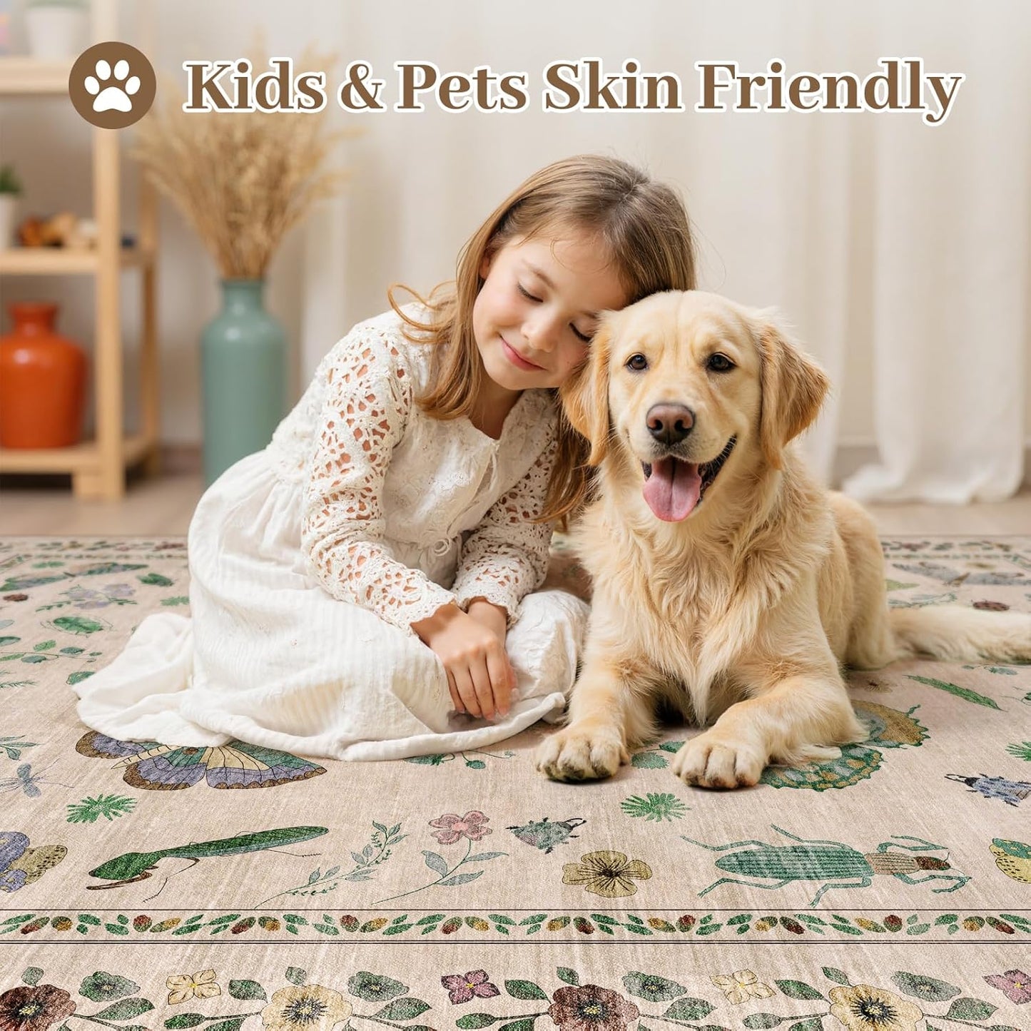6x9 Rugs for Living Room with Insect Print - Bug Rug Non-Silp Stain Resistant Soft Carpet for Bedroom, Low Pile Ultra-Thin Machine Washable Carpet for Dining Room, Kids Nursery, Office (6'x9' Beige)