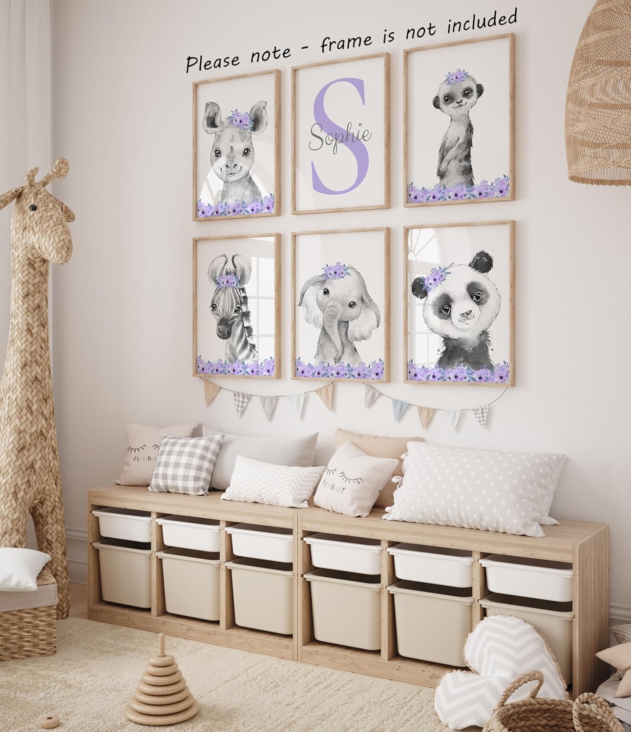 Personalized Safari Animals for Baby Girls Nursery Bedroom Unframed Set of 6 Poster Prints, Personalized Name Pink Purple Flowers Wall Art Decor New Baby Gift Present, Elephant Giraffe Panda Zebra Lion (12x16)