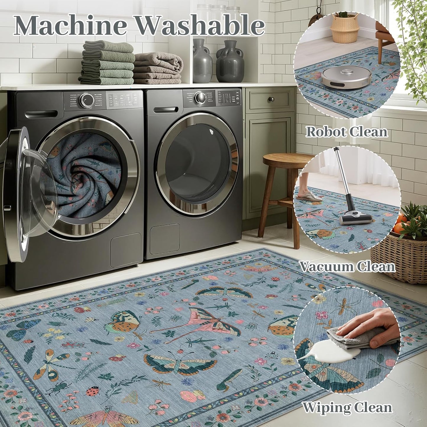 8x10 Area Rugs with Insect Print - Bug Rug Non-Shedding Stain Resistant Soft Carpet for Bedroom, Low Pile Ultra-Thin Machine Washable Carpet for Dining Room, Kids Nursery, Office (8'x10' Blue)
