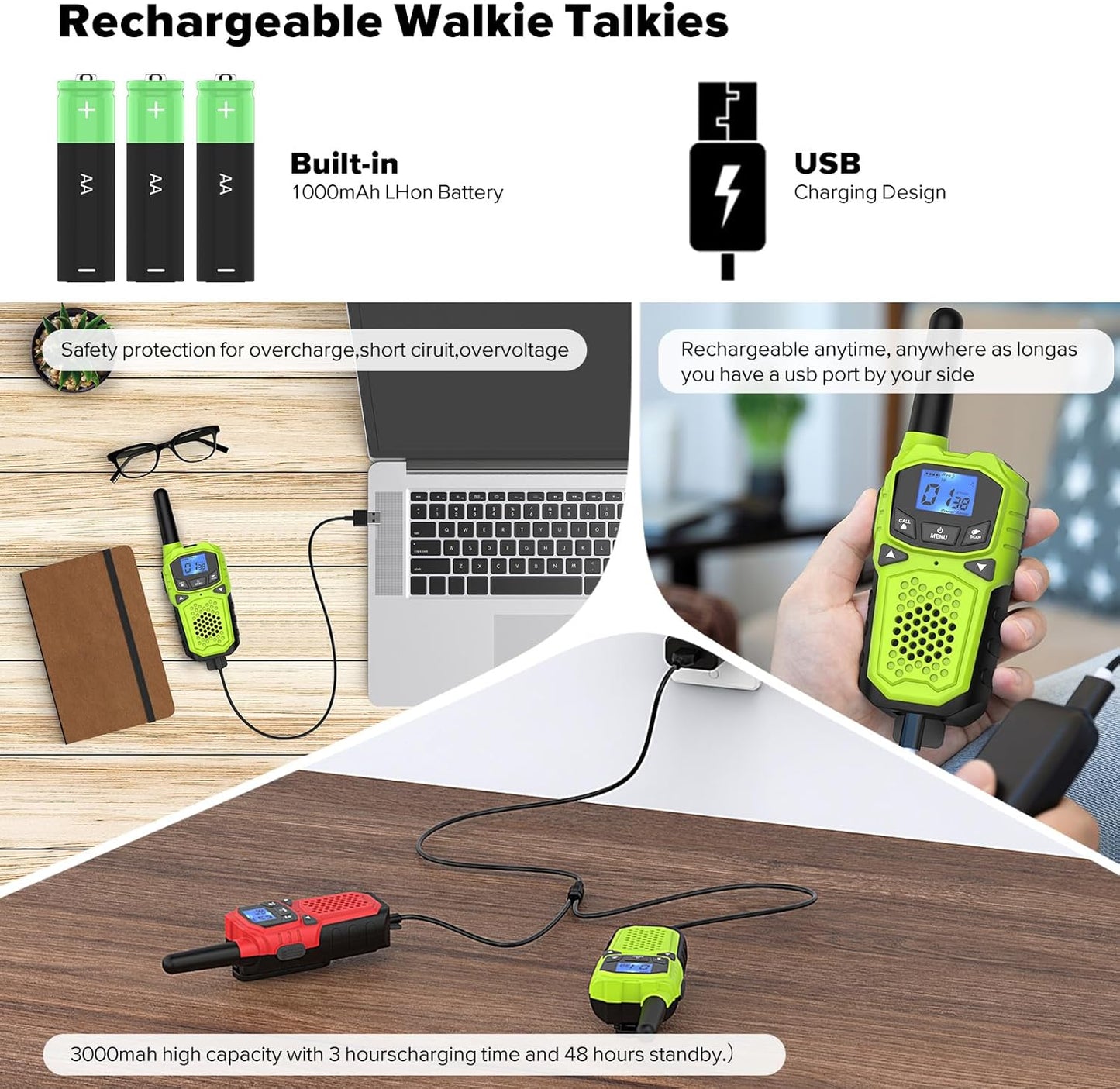 Walkie Talkies for Adults- WokTok Long Range 2 Way Radio, 3000MAH Rechargeable AA Batteries for Held Hiking Accessories Camping Gear Xmas Birthday, 2-in-1 Charging Cable,NOAA Weather Alert,4 Radios