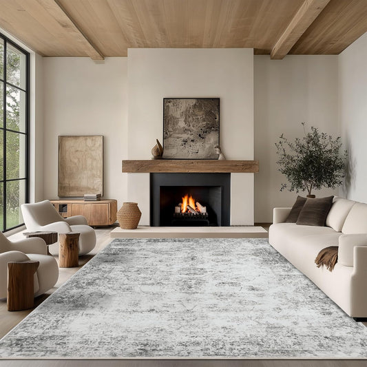 9x12 Area Rug Living Room Rugs - Washable Rug Large Modern Abstract Soft Thin Carpets Indoor Floor No Slip Vintage Carpet for Bedroom Under Dining Table Nursery Home Office Decor Gray