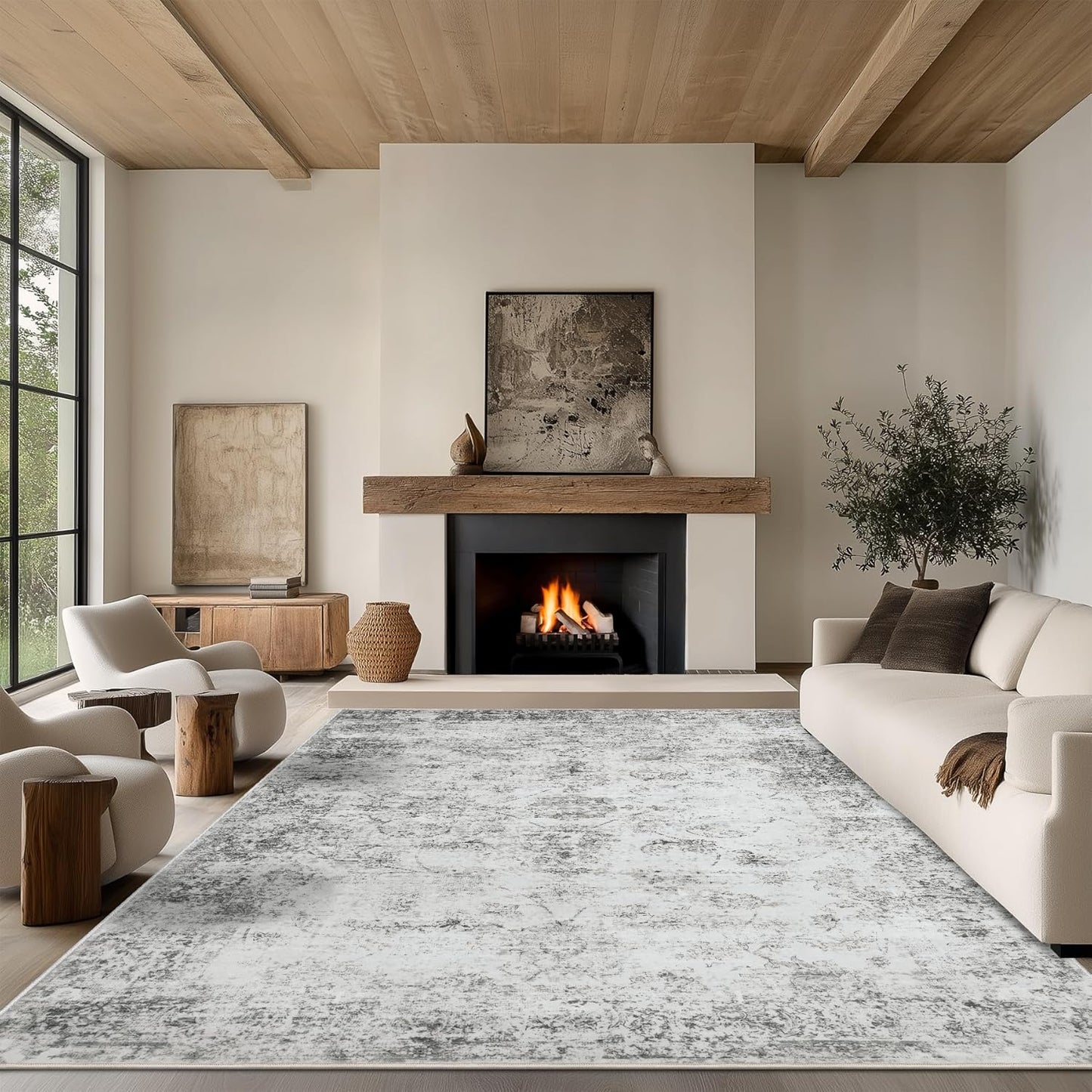 5x7 Area Rug Living Room Rugs - Washable Rug Large Modern Abstract Soft Thin Carpets Indoor Floor No Slip Vintage Carpet for Bedroom Under Dining Table Nursery Home Office Decor Gray