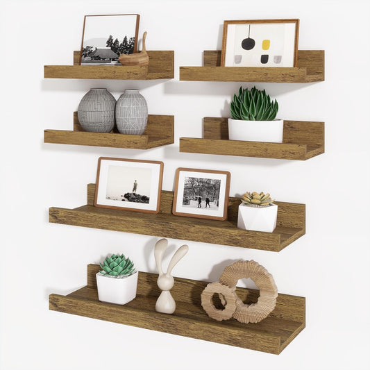 Axeman Picture Ledge Shelf, Floating Shelves for Wall Storage Set of 6, 16 inch Floating Wall Mounted Shelves, Wall Shelves with Lip for Living Room, Bedroom, Nursery, Bathroom, Kitchen, Rustic Brown
