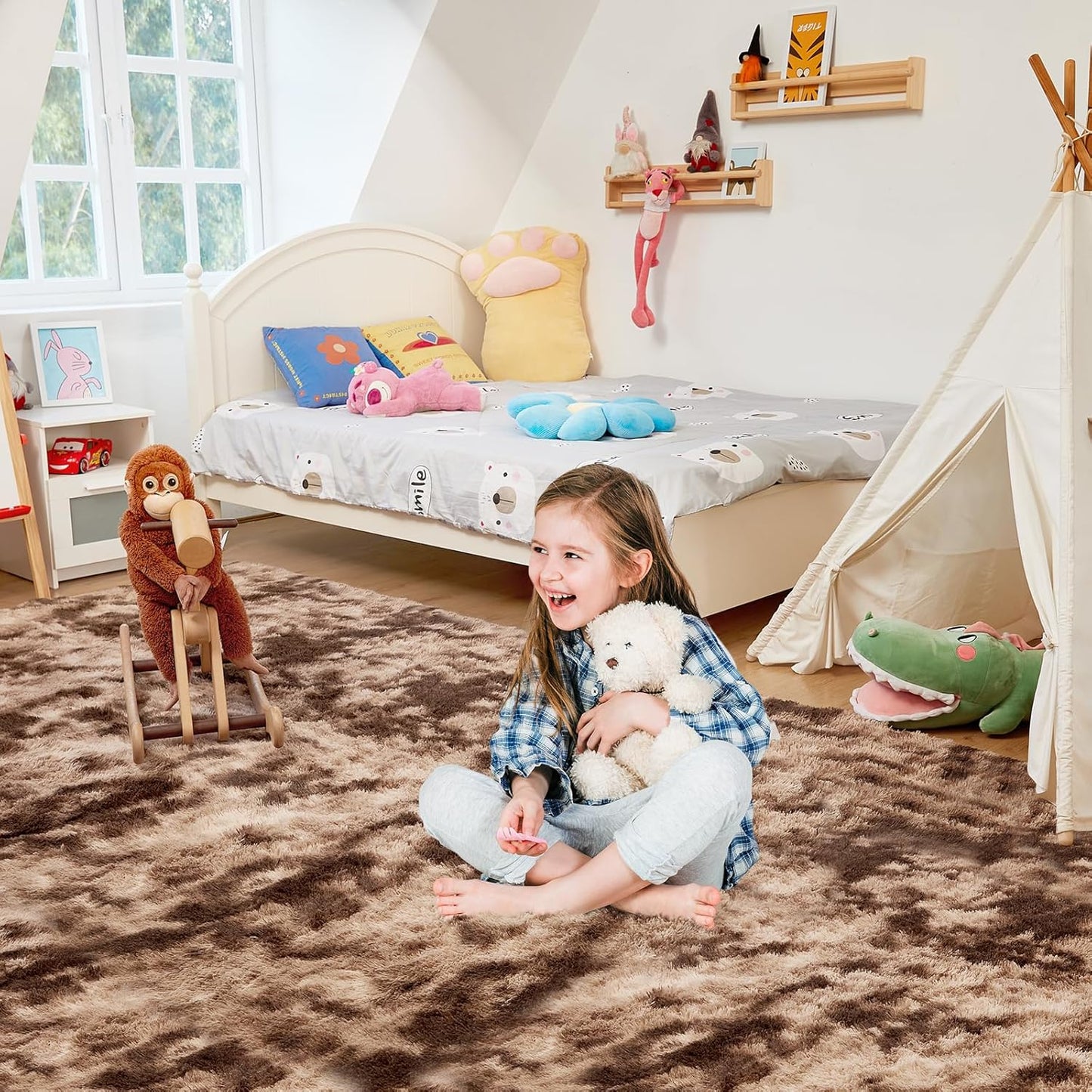 Ultra Soft Rug for Living Room, 4X6 Fluffy Shag Area Rug for Bedroom, Modern Shaggy Carpets Fuzzy Rug for Teens Dorm Nursery Home Decor Aesthetic, Upgrade Anti-Skid Durable, Tie-Dyed Coffee