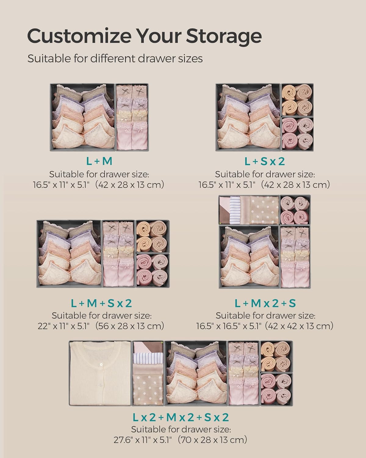 SONGMICS Drawer Organizers, Dresser Divider Organizers, Set of 18, Foldable Fabric Storage Boxes for Socks, Underwear, Bras, Ties, Scarves, Dove Gray URDZ006G05
