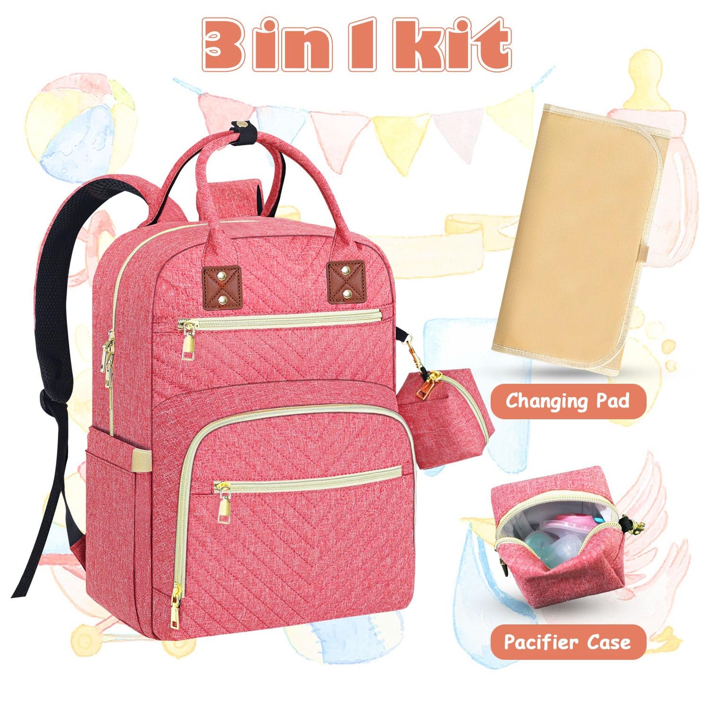 Baby Diaper Bag Backpack, Travel Diaper Bags for Babys Girl Boy Large Capacity Baby Bag Backpack for Women Pink