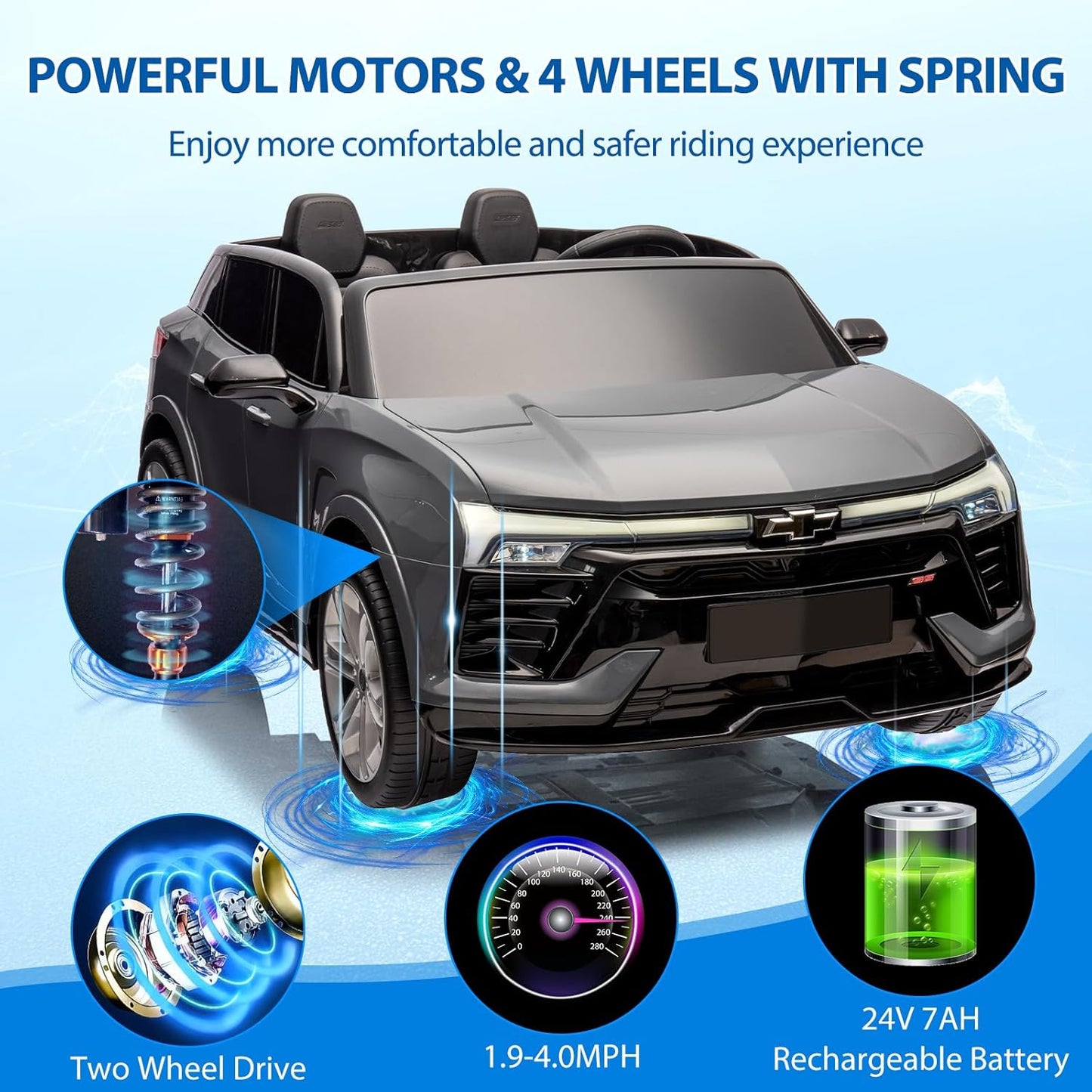 Hetoy 24V 2-Seater SUV Licensed Chevrolet Blazer Ride On Car Toy w/Parent Remote Control, 3 Speeds, Wireless Music, MP3 Player, Electric Car for Kids Ages 3-8, Black