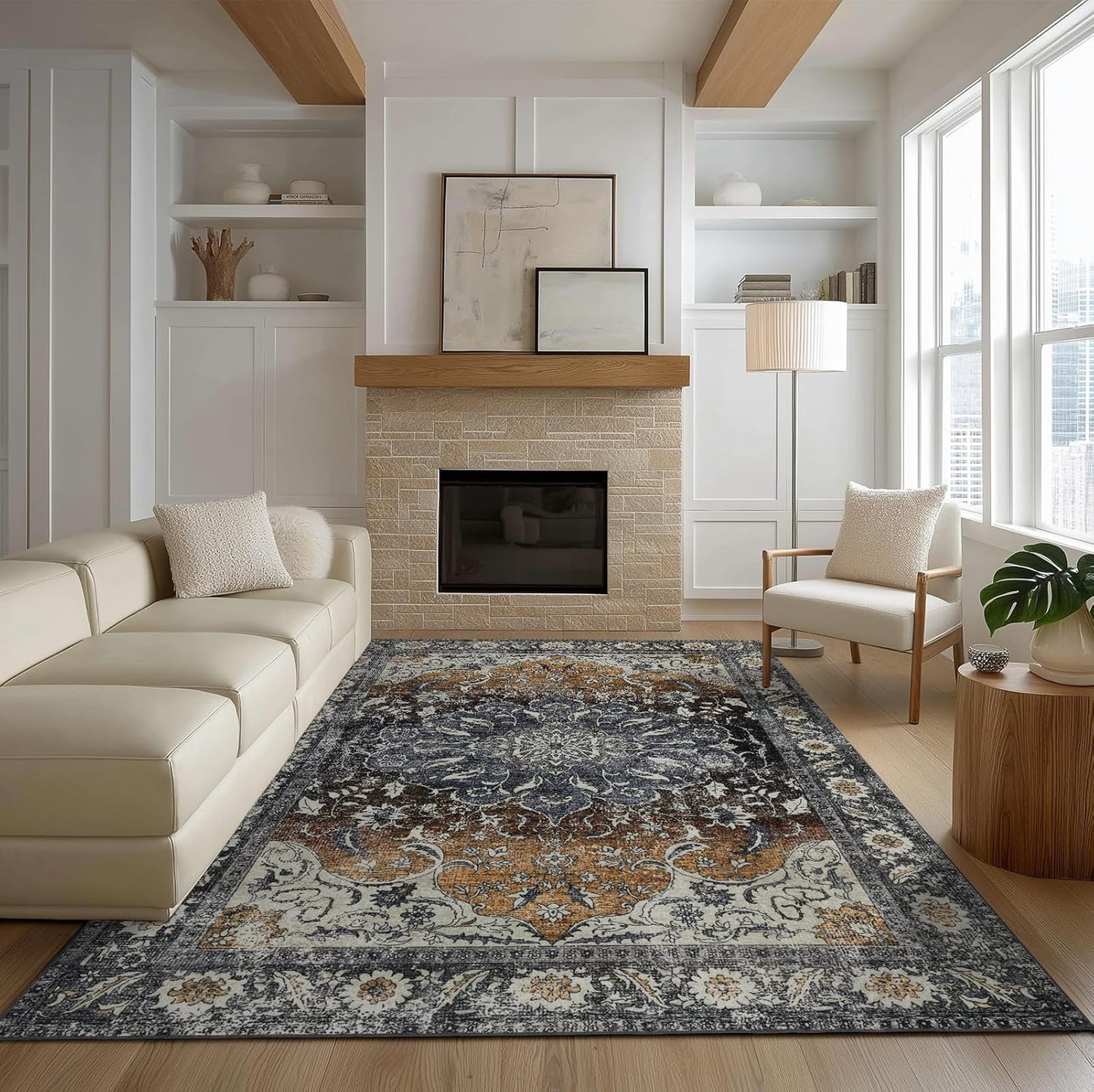 Washable 6x9 Area Rug for Living Room, Carpet for Bedroom Dining Room, Non Slip&Non-Shedding Resistant Low Pile Vintage Print Rug for Home Office (Tan/Gray)